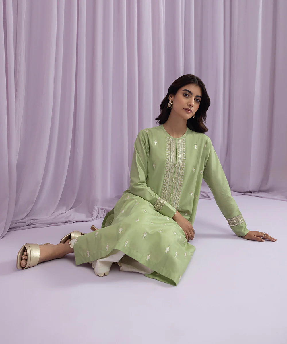 Green Embroidered Zari Lawn Shirt