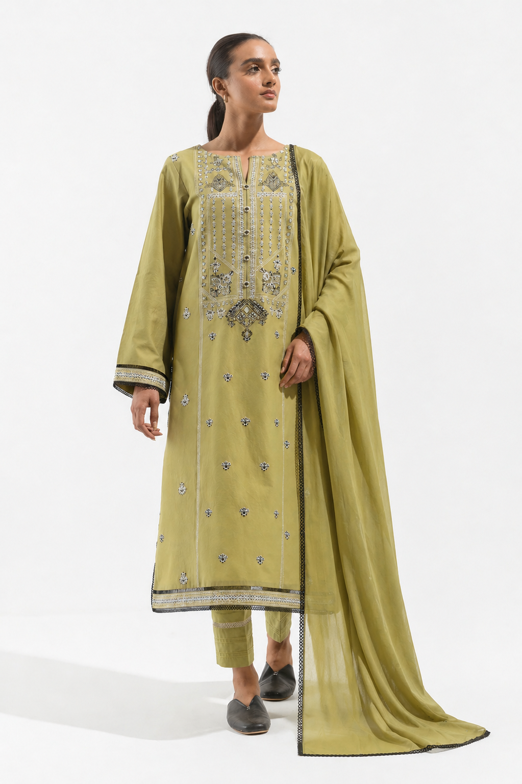 Olive Embroidered Khaddar Suit