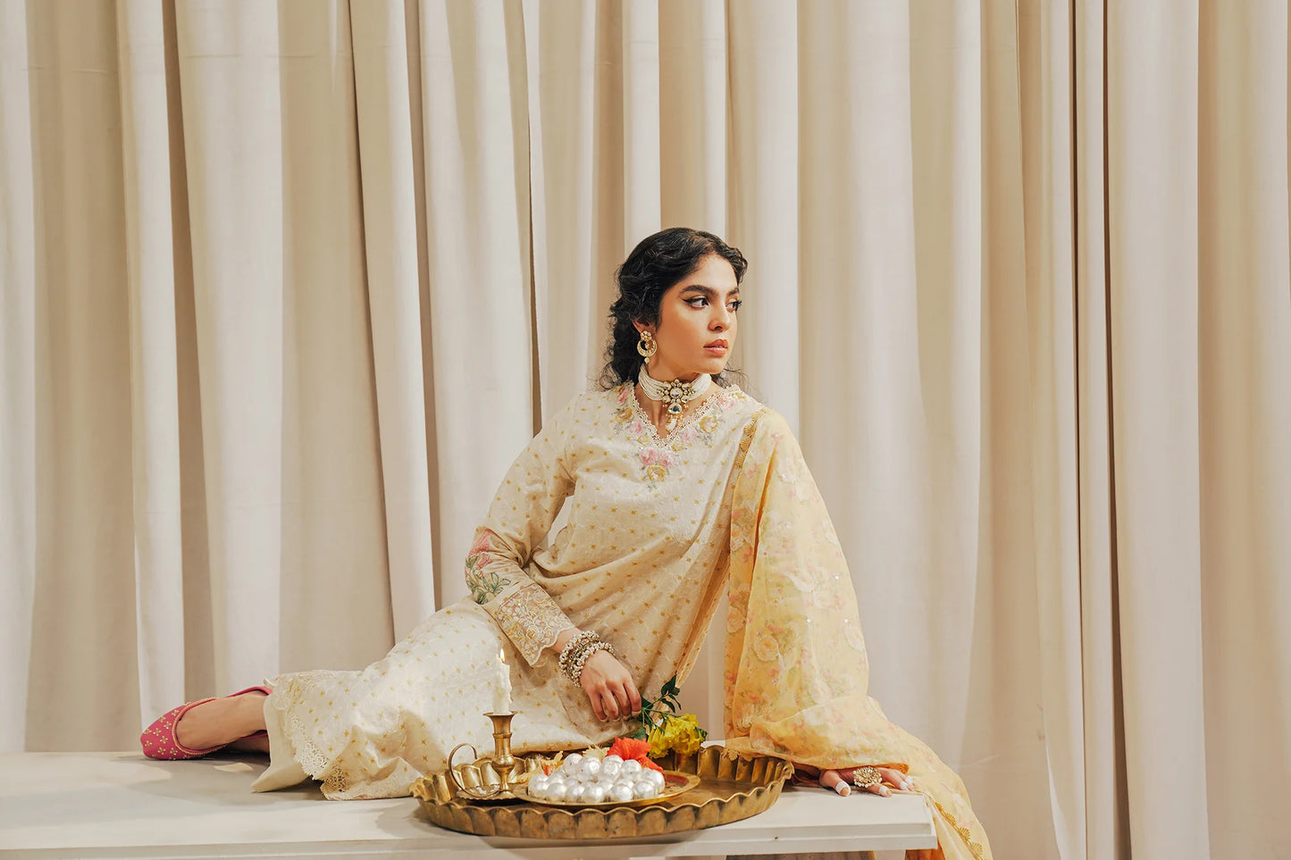 Creme embroidered lawn suit