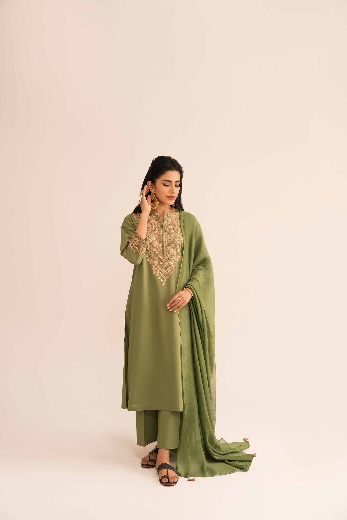 Green embroidered cambric suit