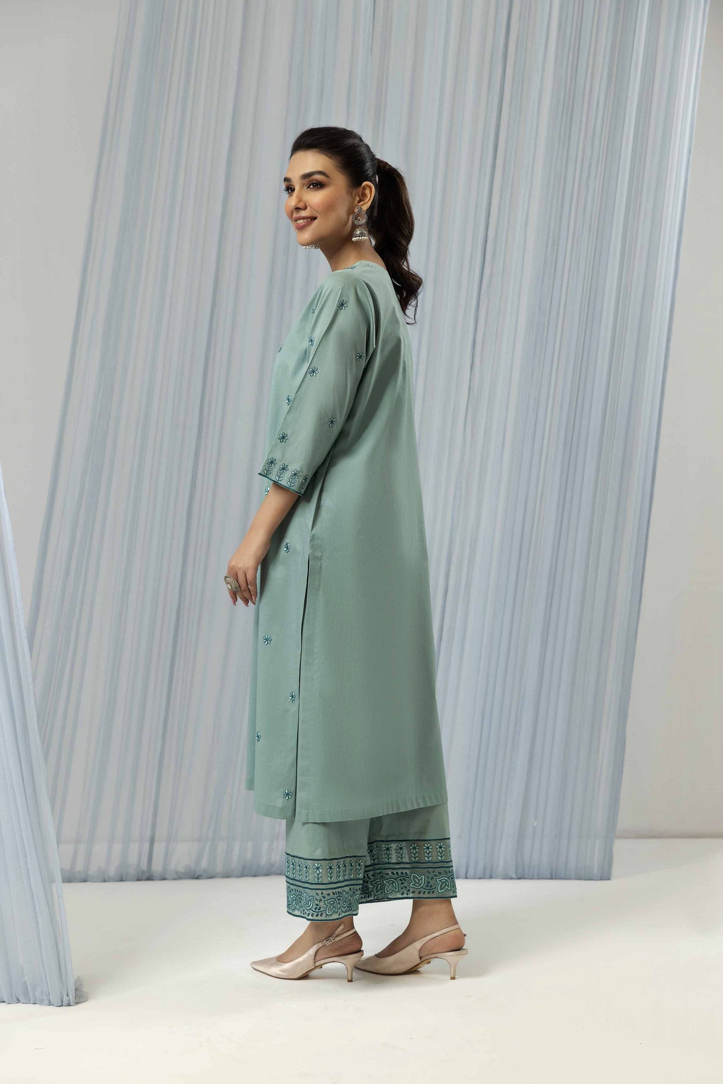 Aqua embroidered cambric suit
