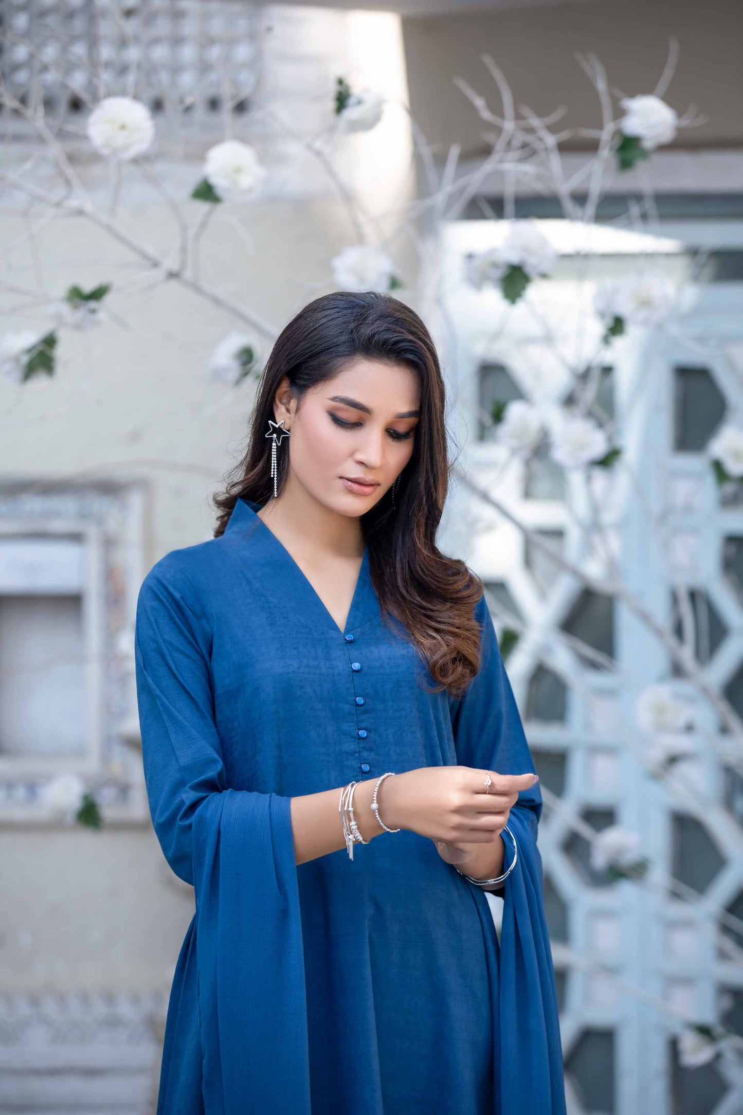 Blue dobby frock with chiffon dupatta