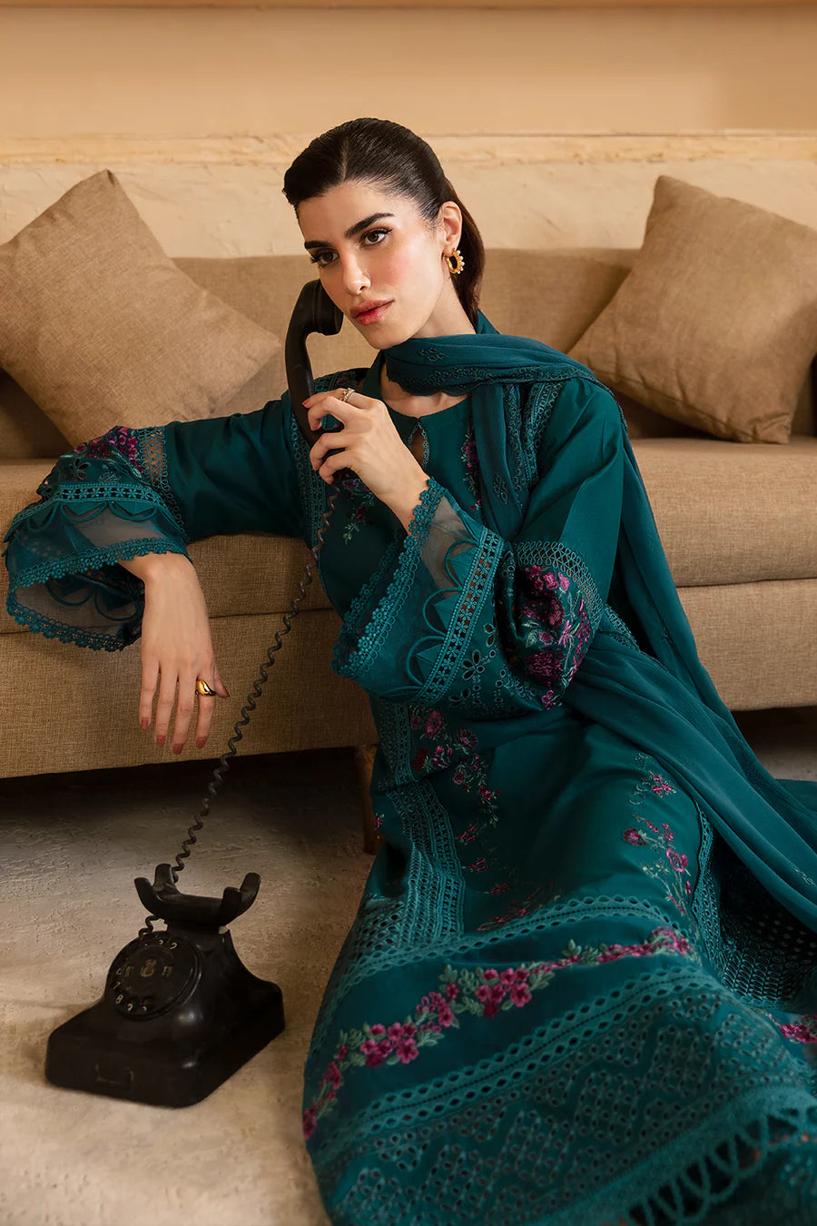 Teal Green Cambric Cotton Suit