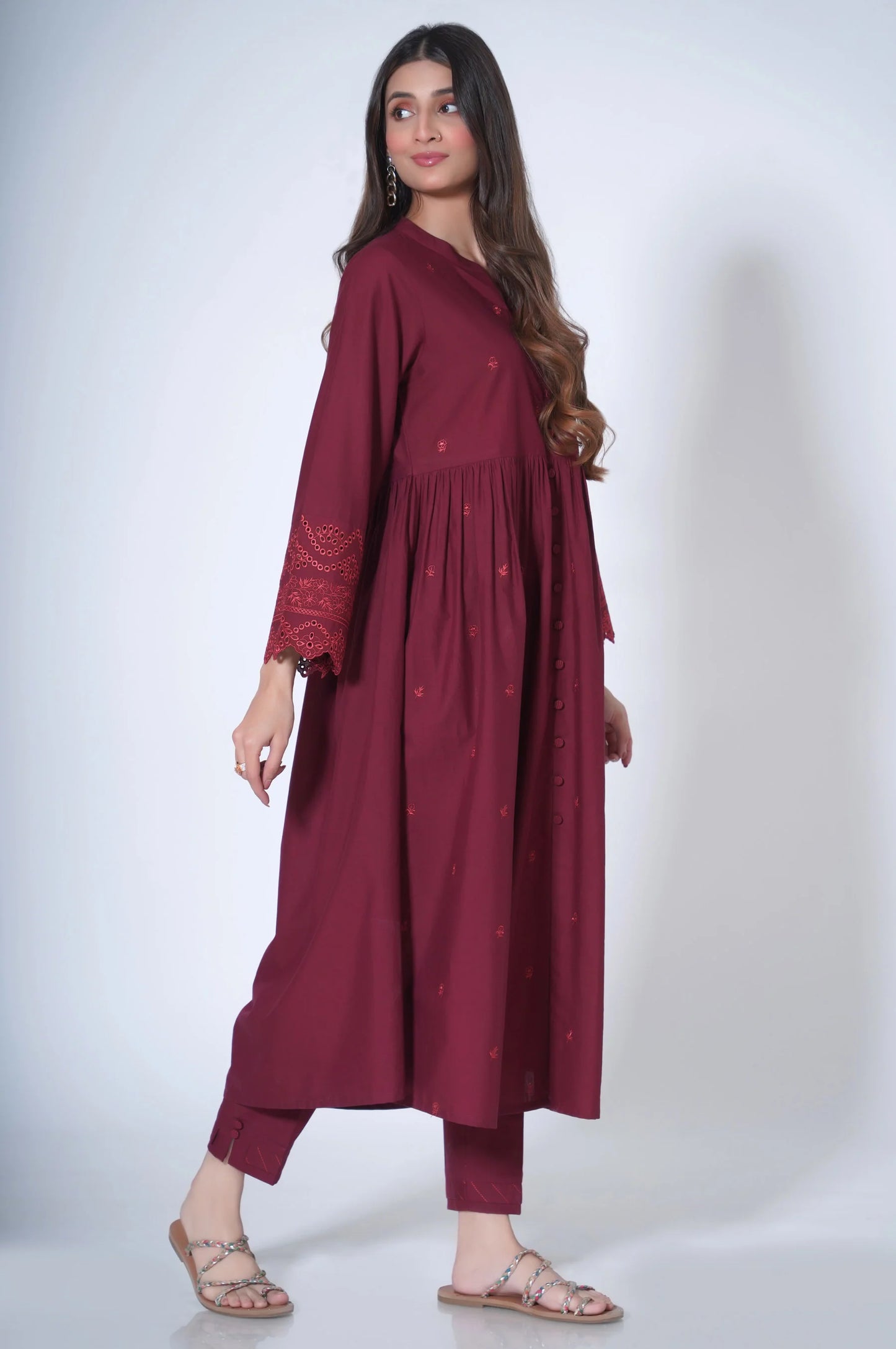 Maroon Embroidered Cambric Suit