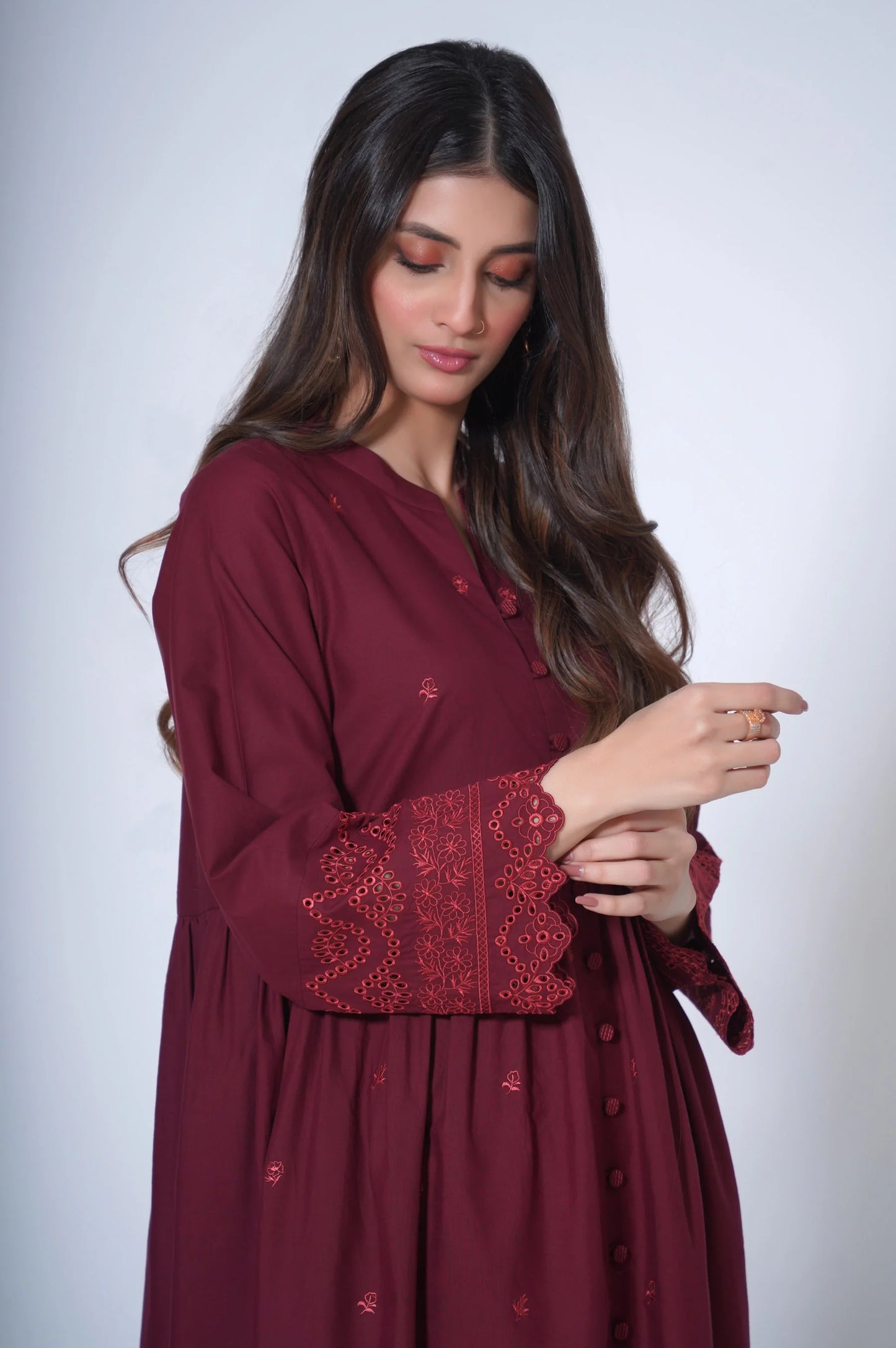 Maroon Embroidered Cambric Suit