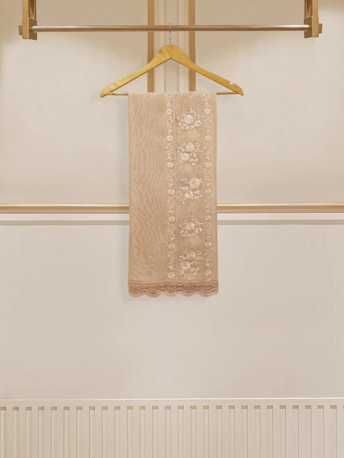 Beige Heavily Embroidered Cotton Net Suit