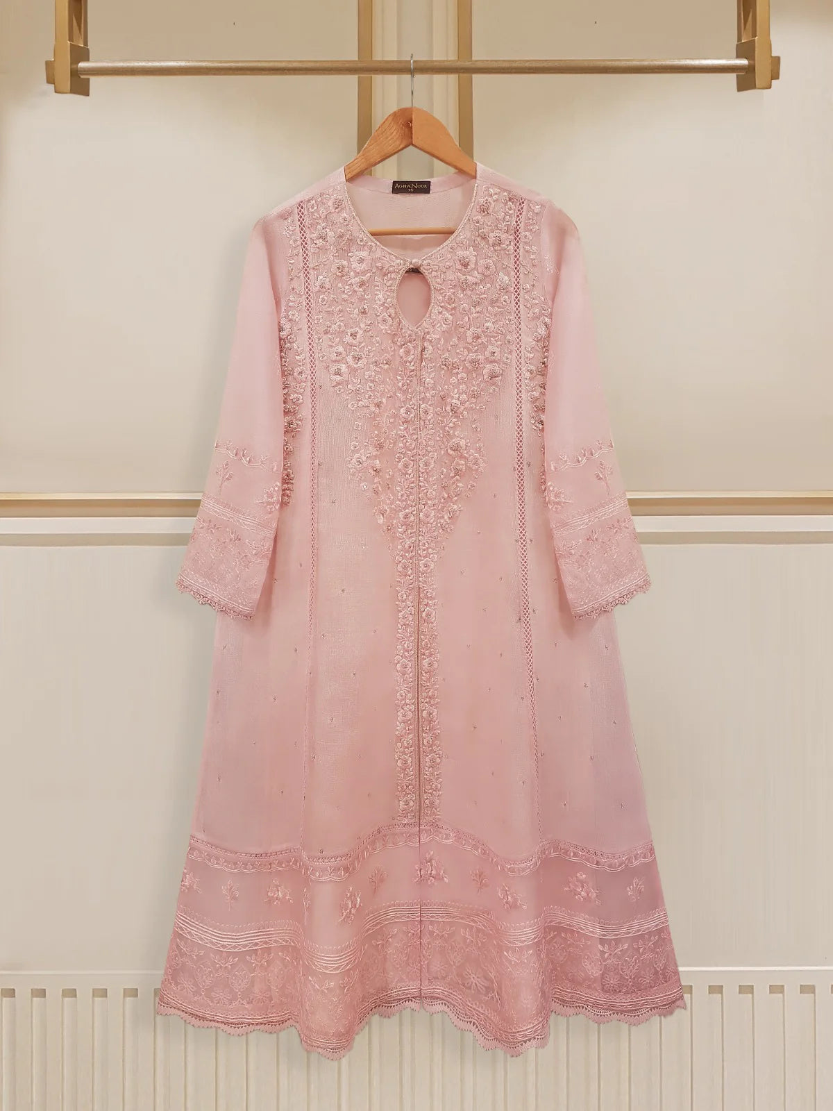 Pink Heavily Embroidered Cotton Net Suit