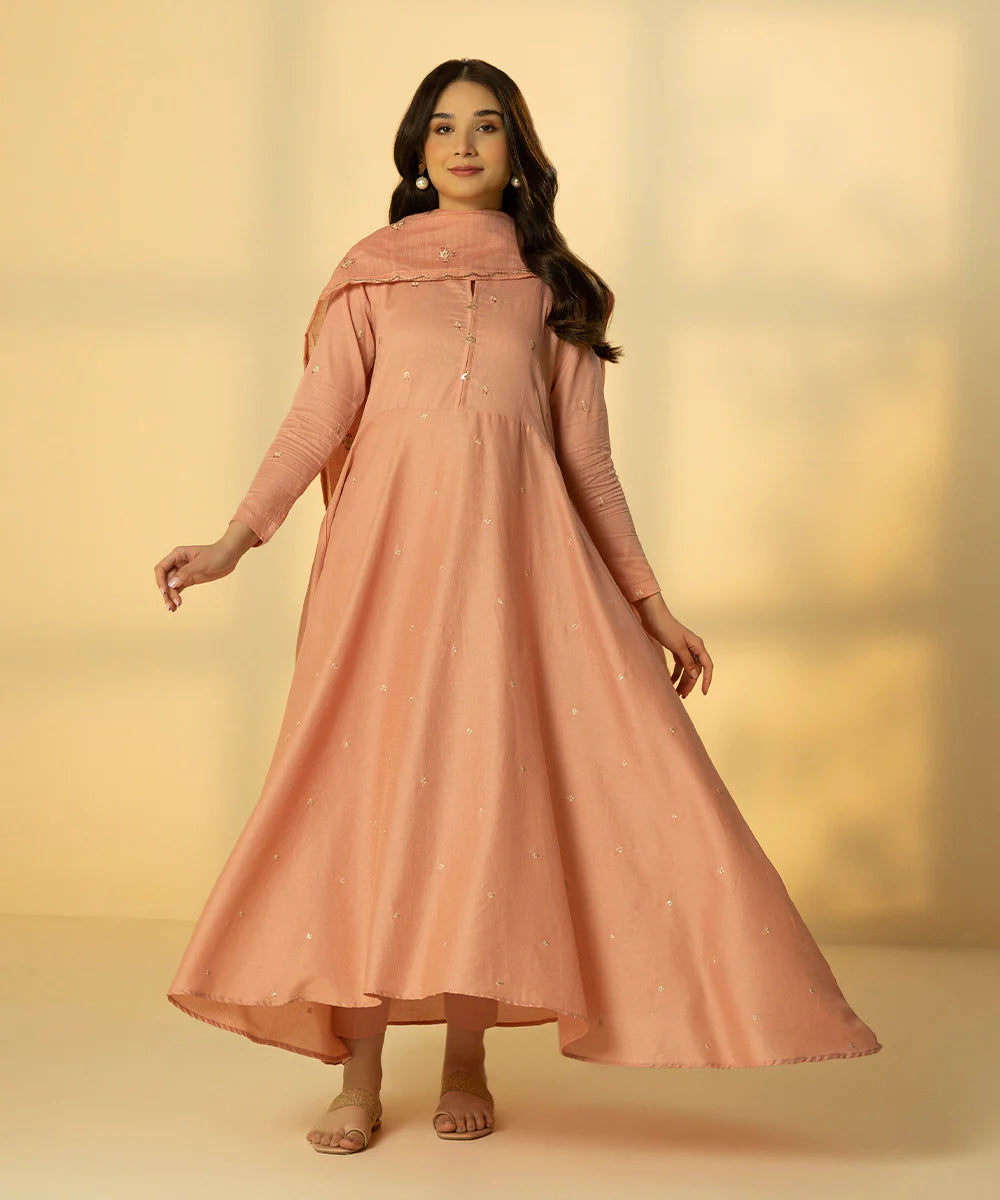 Tea Pink Embroidered Cotton Frock
