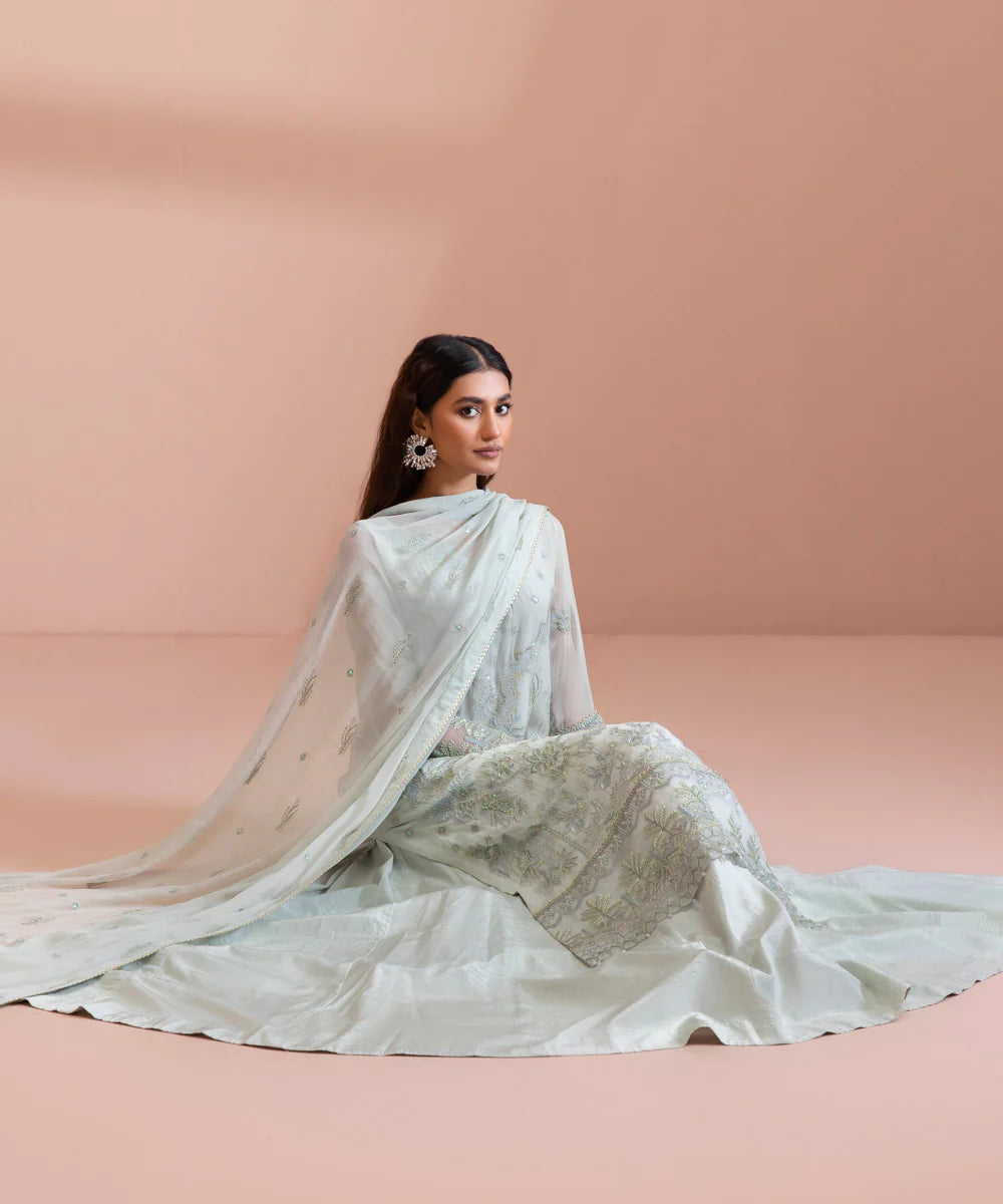 Ice Blue Embroidered Chiffon Suit