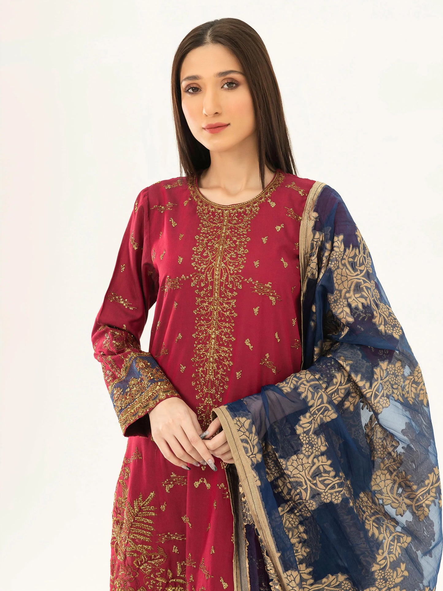 Red Embroidered Silk Suit