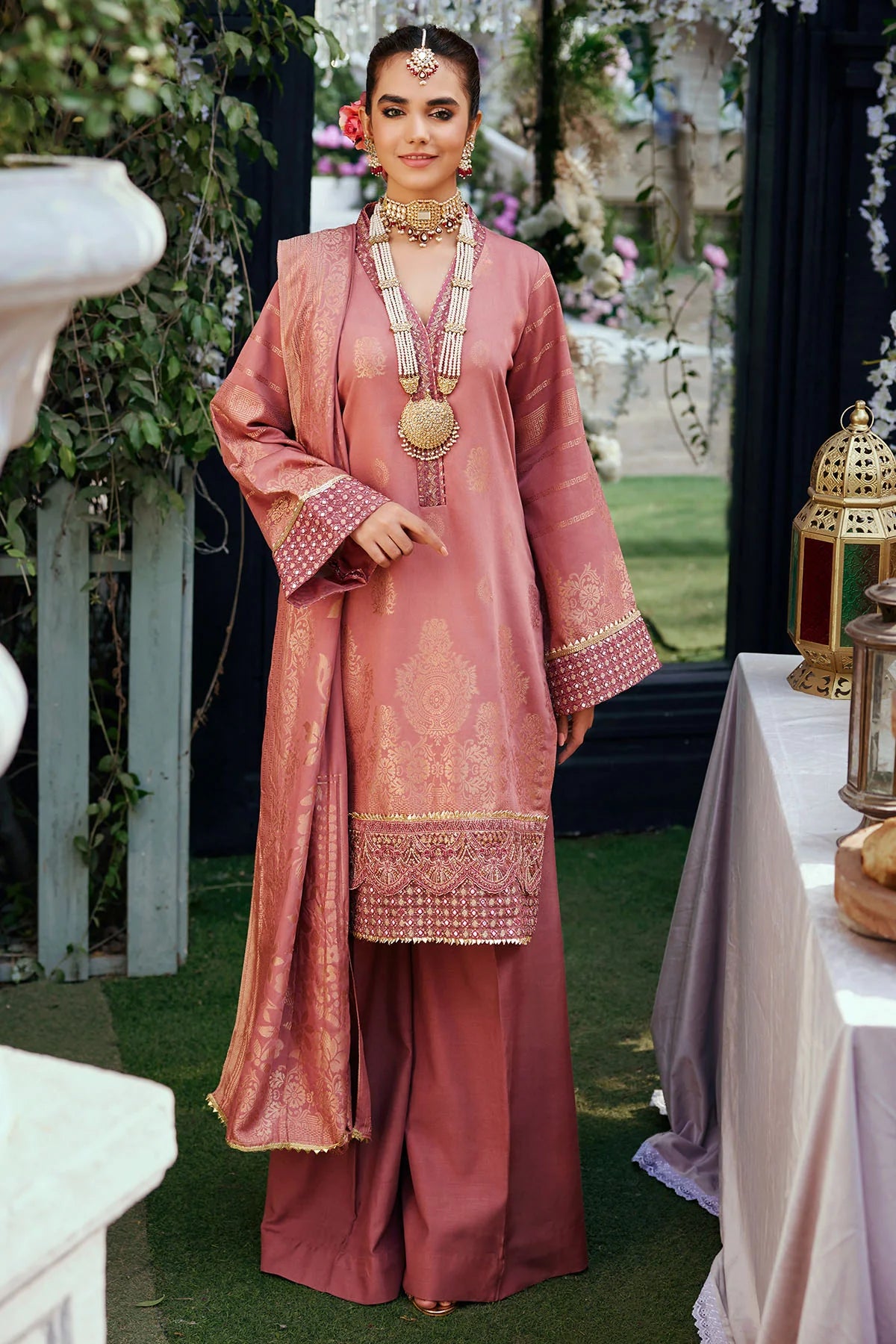 Pink Embroidered Jacquard Suit