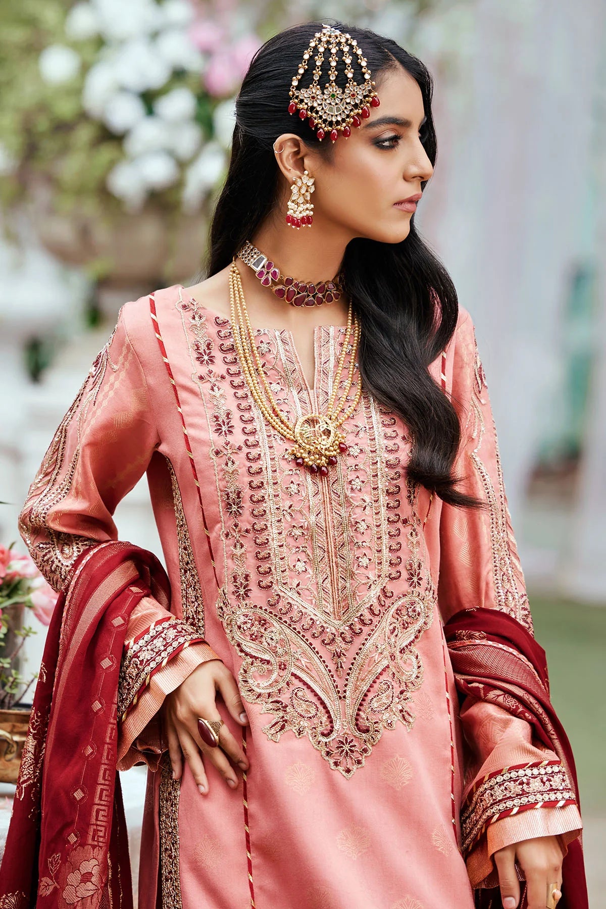 Pink Embroidered Jacquard Suit