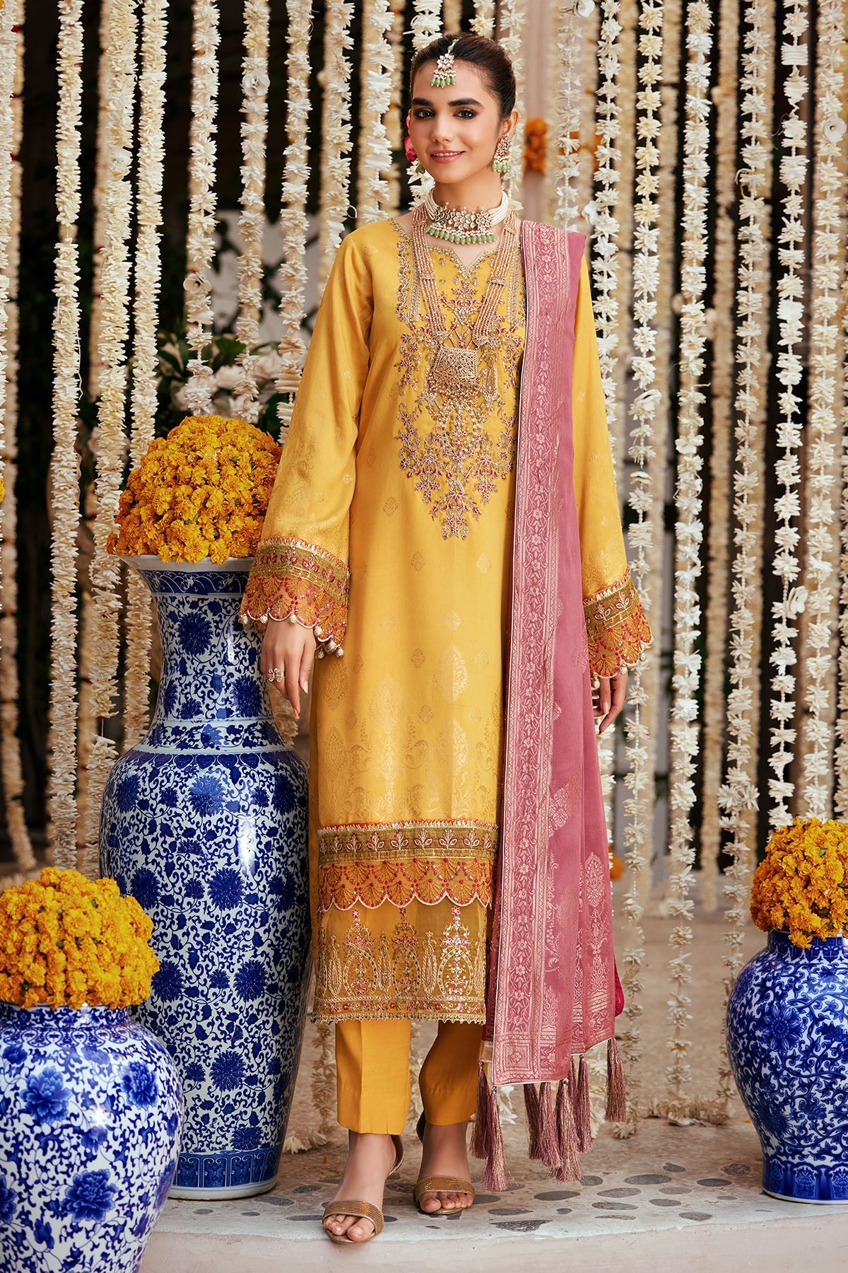 Yellow Embroidered Jacquard Suit