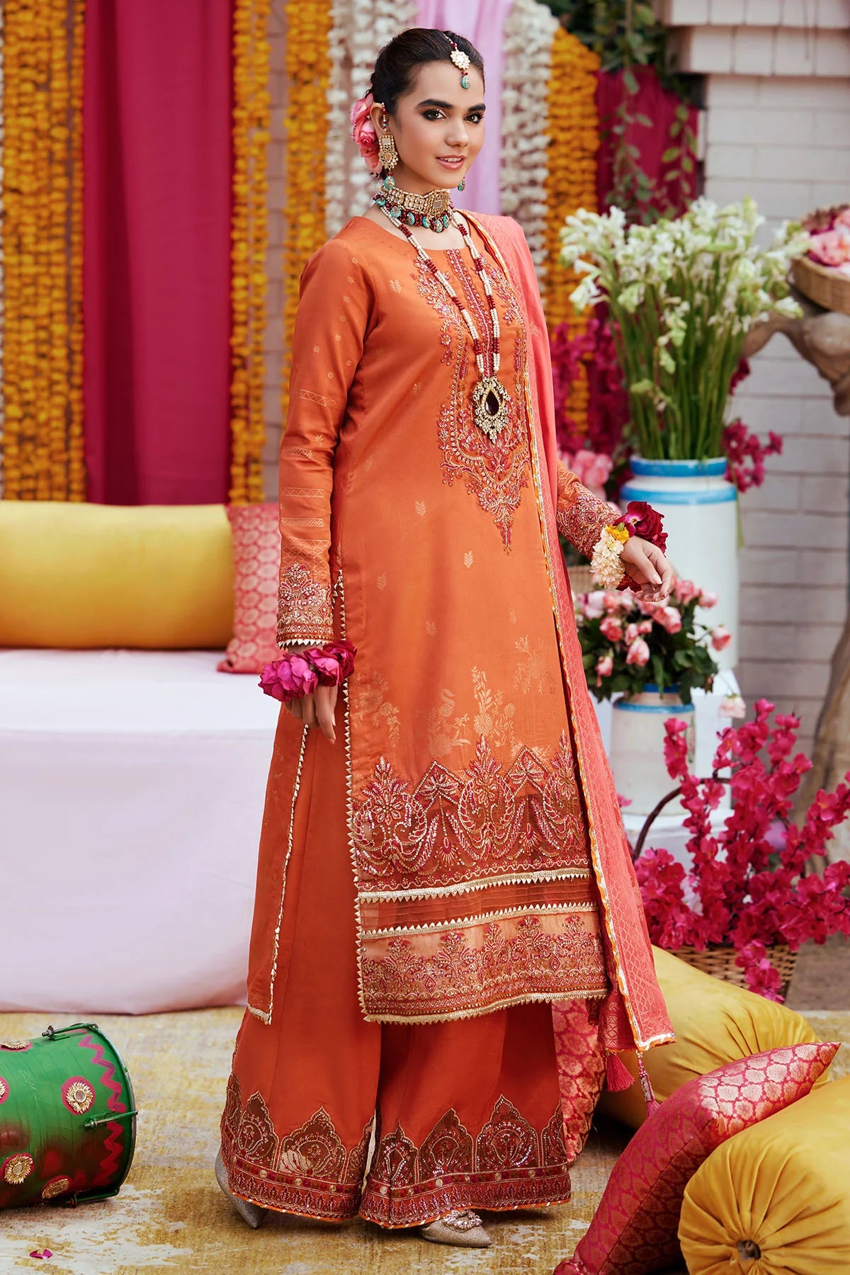 Orange Embroidered Jacquard Suit