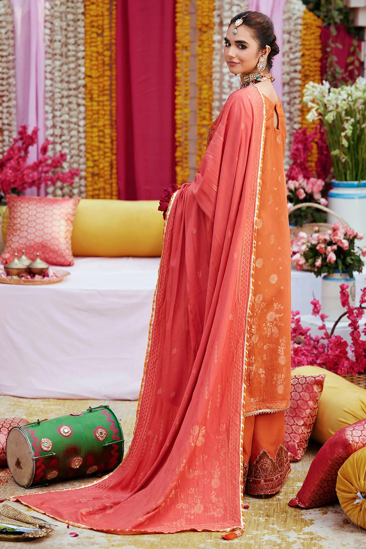 Orange Embroidered Jacquard Suit