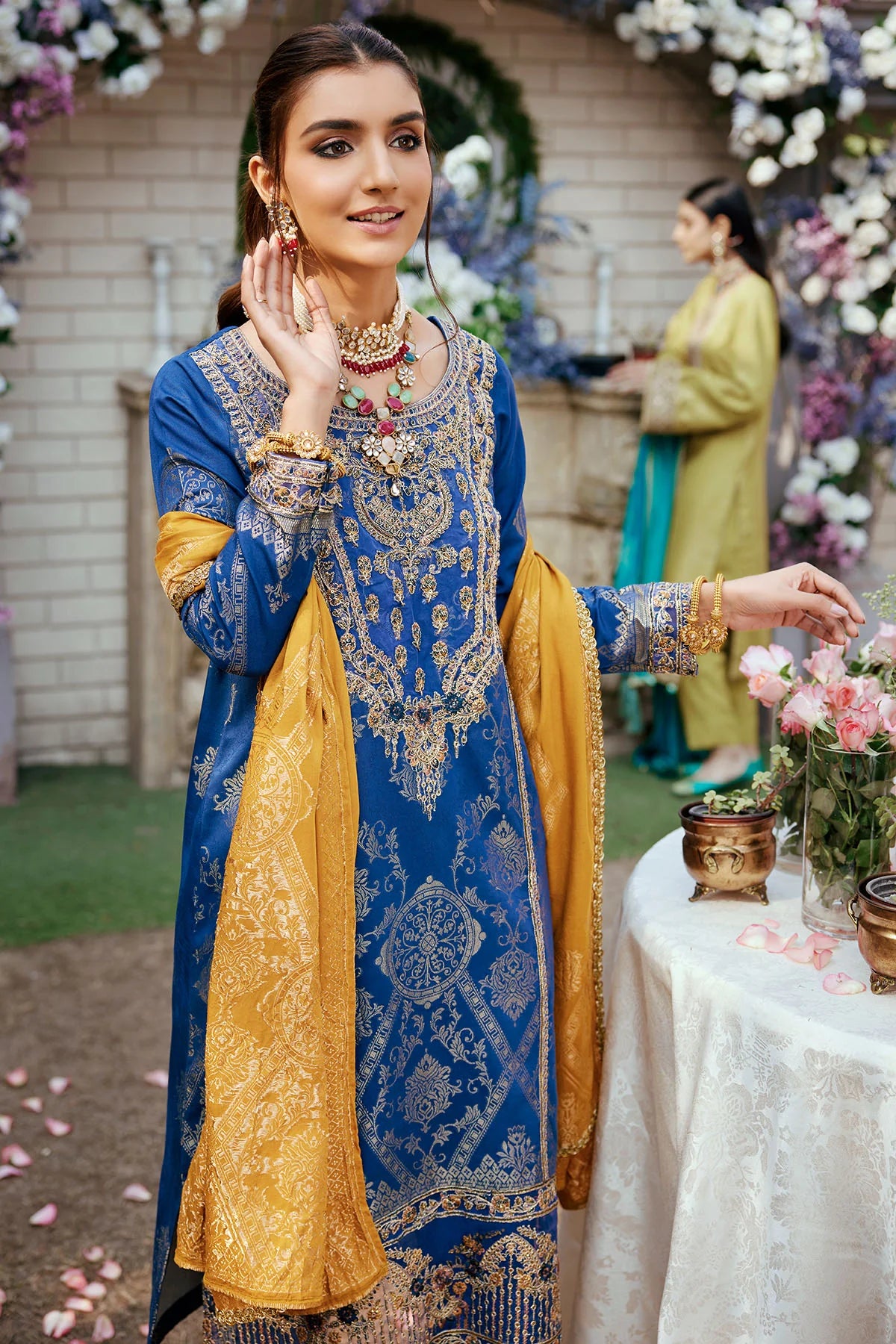 Blue Embroidered Jacquard Suit
