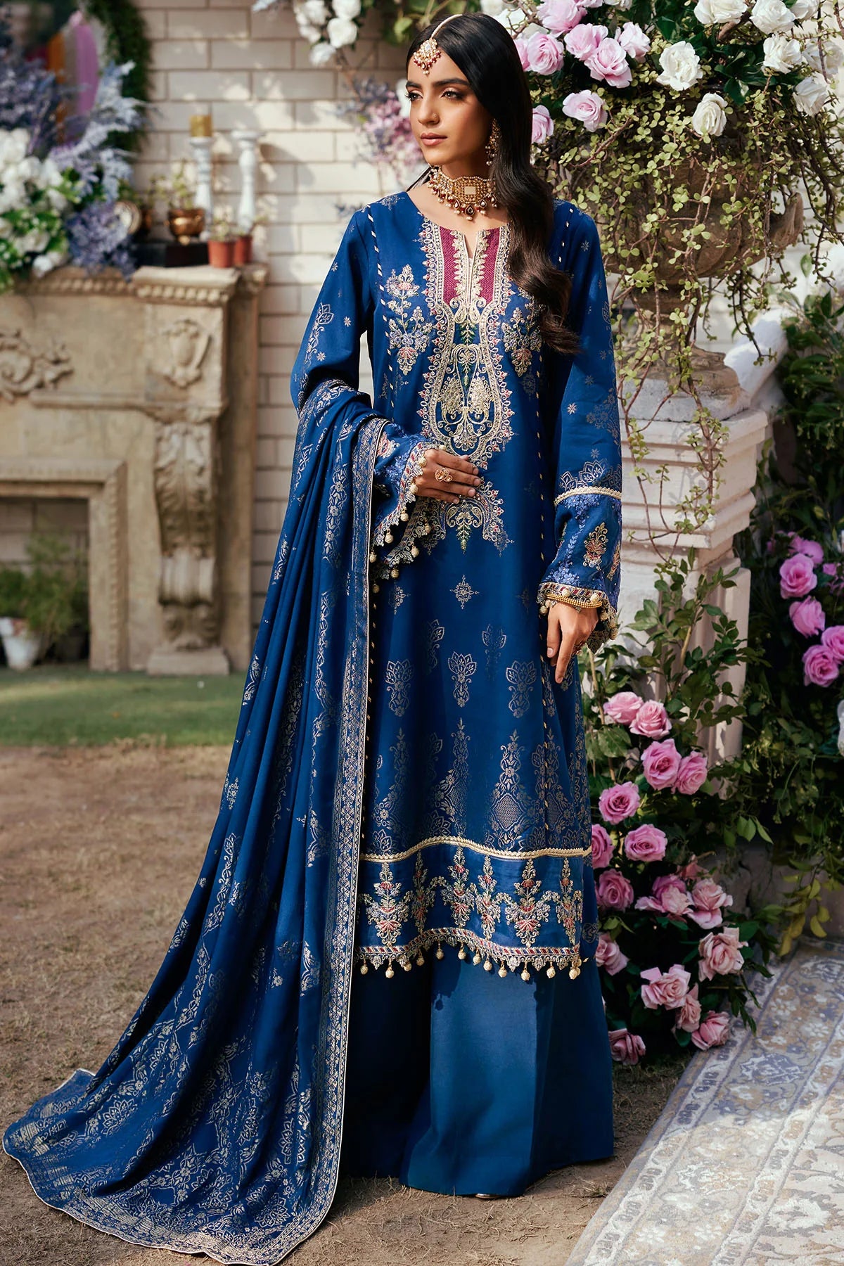 Blue Embroidered Jacquard Suit