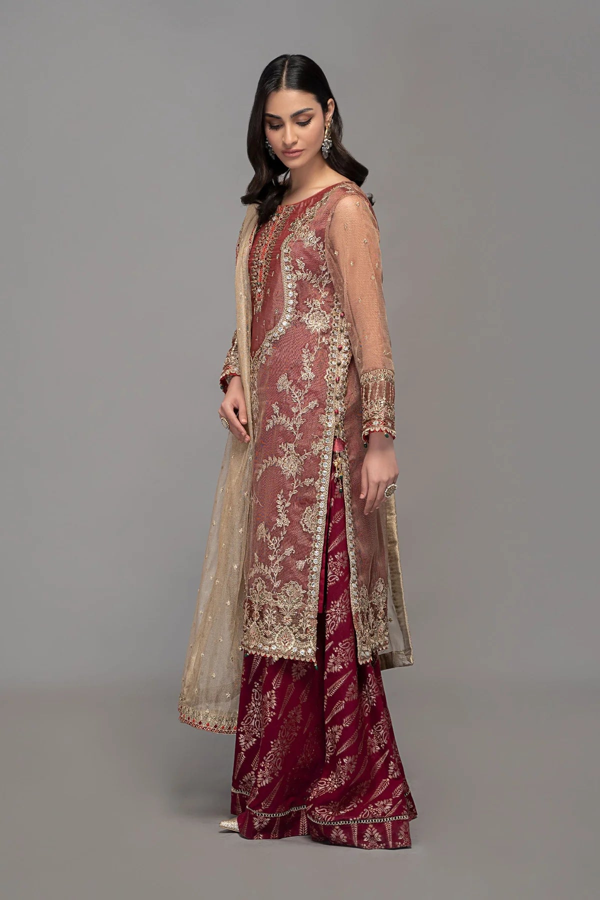 Maroon Embroidered Shirt with Sharara