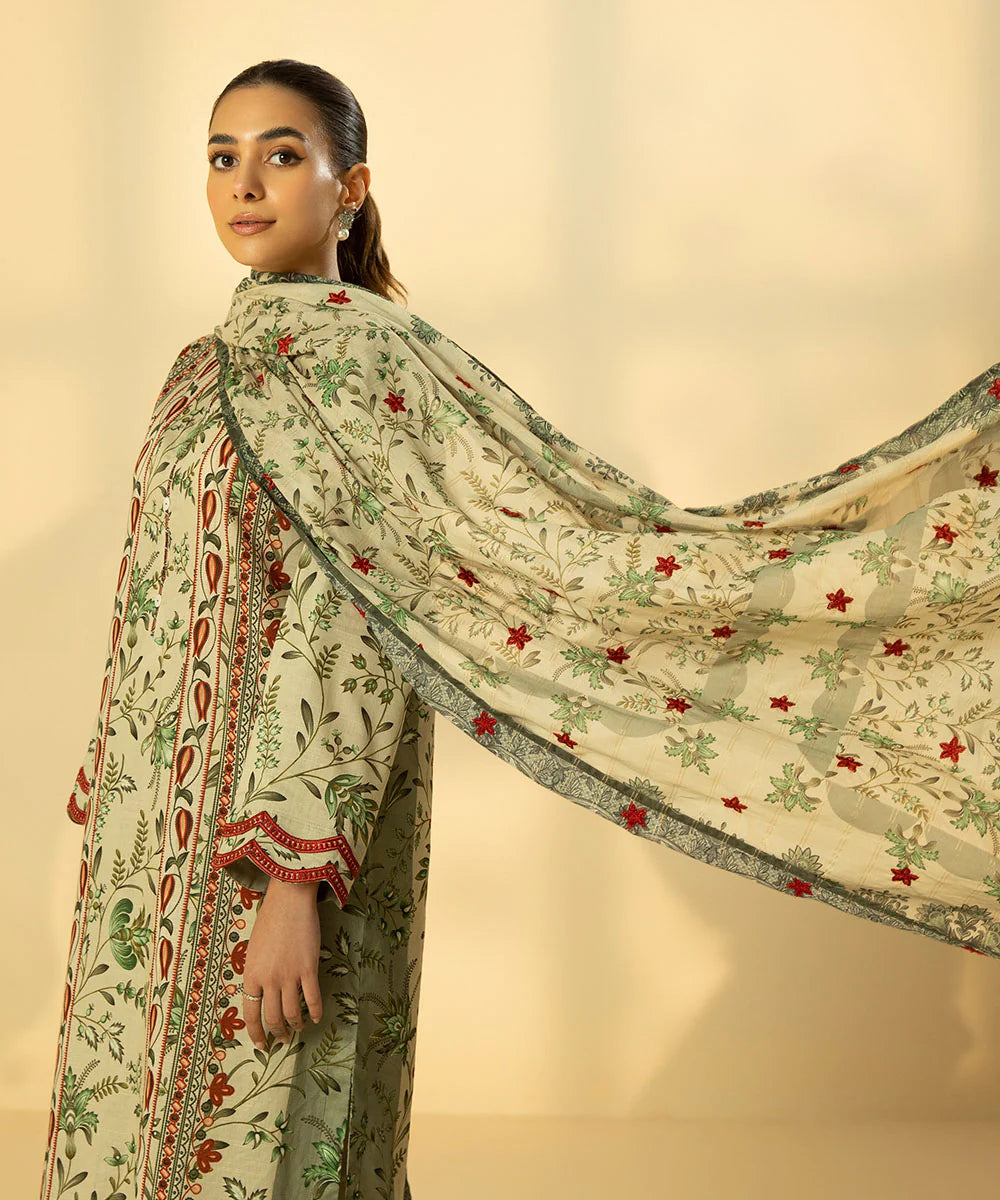 Green Embroidered Lawn Shirt with Dupatta