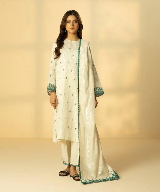 Off White Embroidered Jacquard Suit