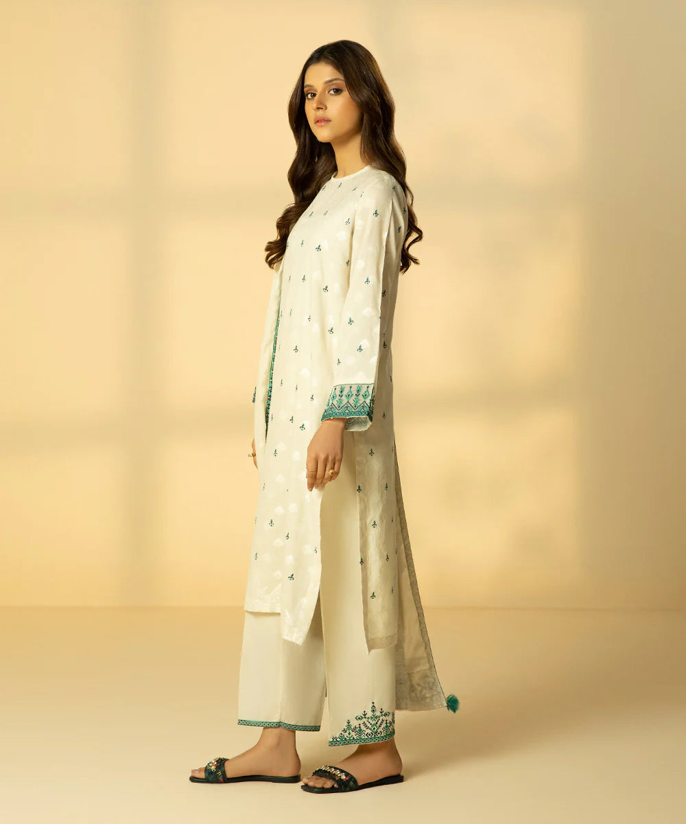 Off White Embroidered Jacquard Suit