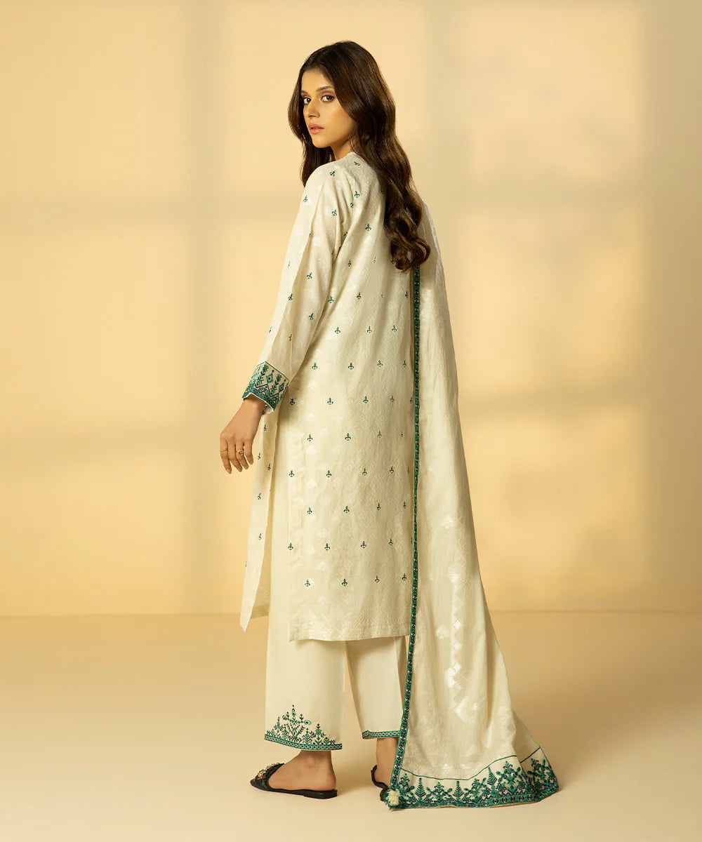 Off White Embroidered Jacquard Suit