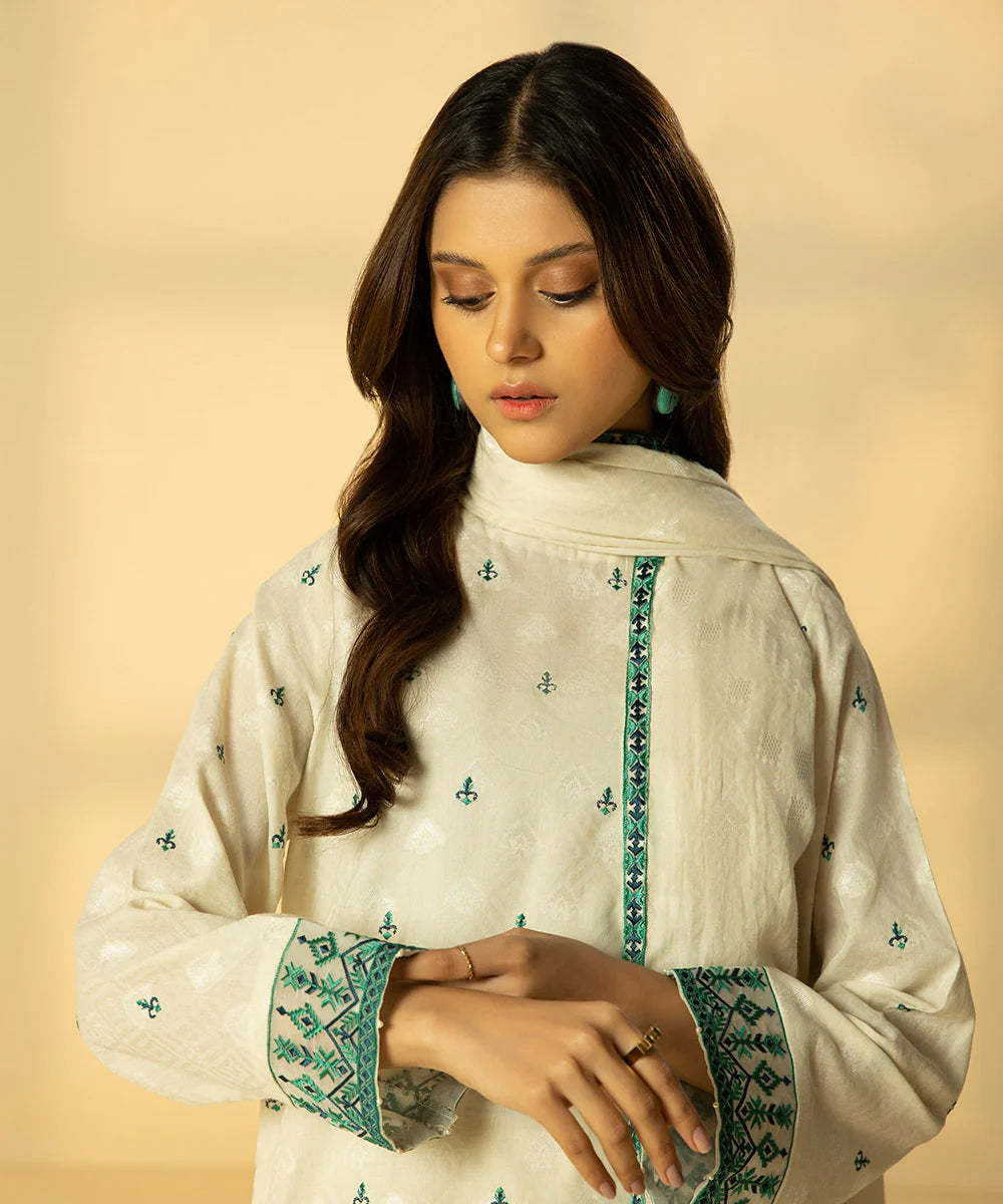 Off White Embroidered Jacquard Suit