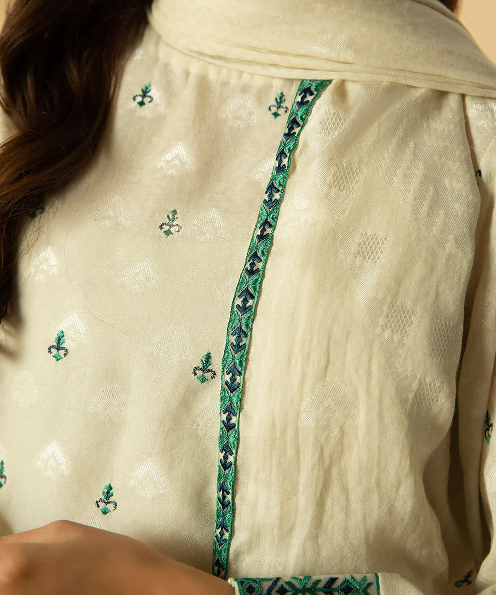 Off White Embroidered Jacquard Suit
