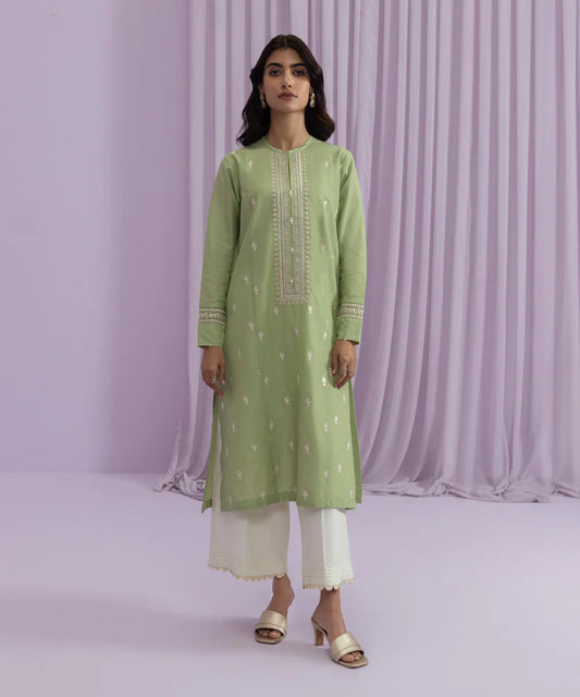 Green Embroidered Zari Lawn Shirt