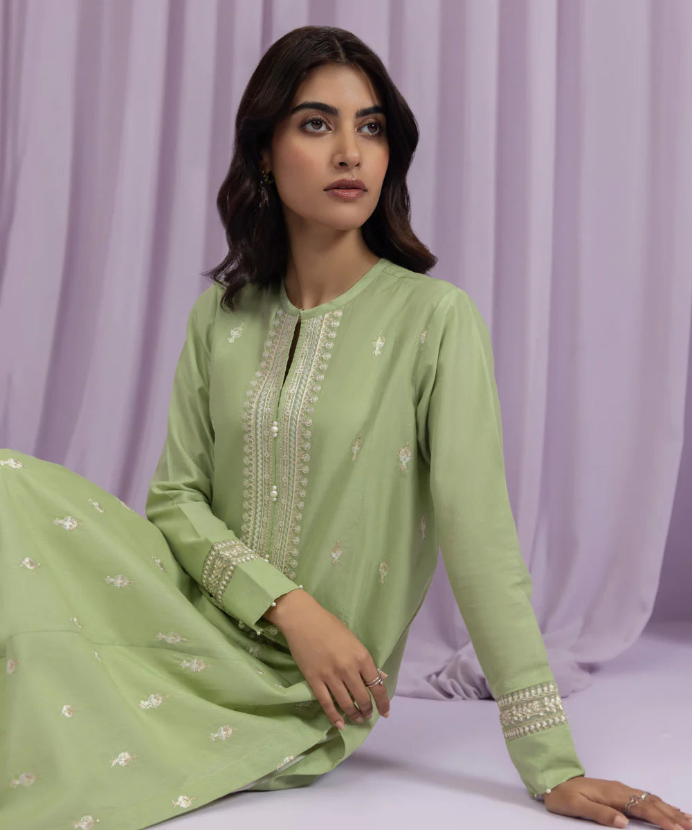 Green Embroidered Zari Lawn Shirt