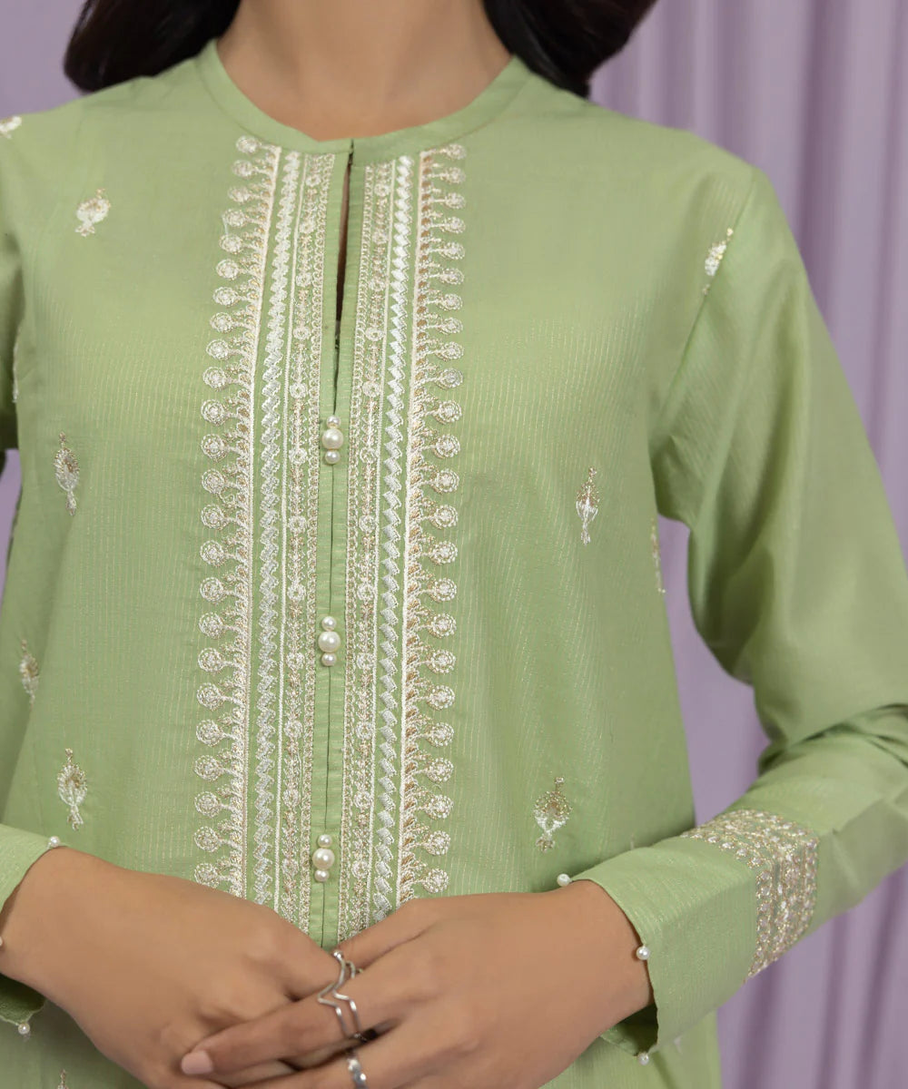 Green Embroidered Zari Lawn Shirt