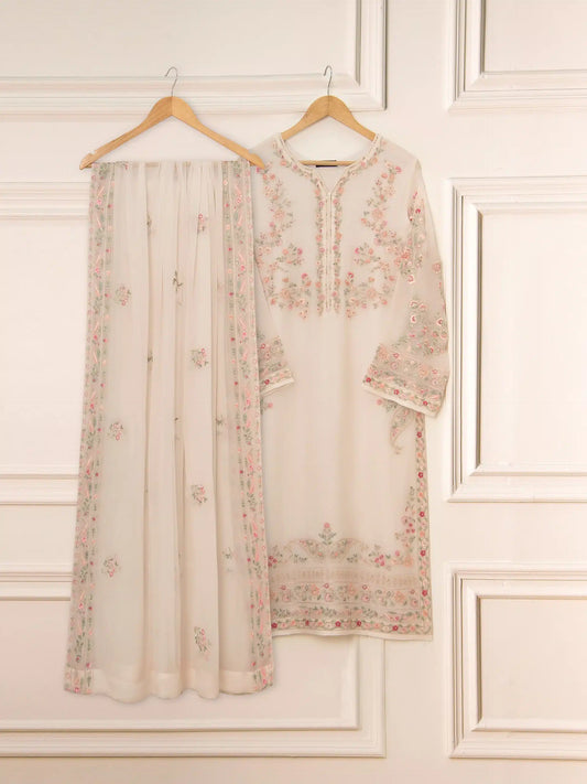 Off White Heavily Embroidered Chiffon Suit