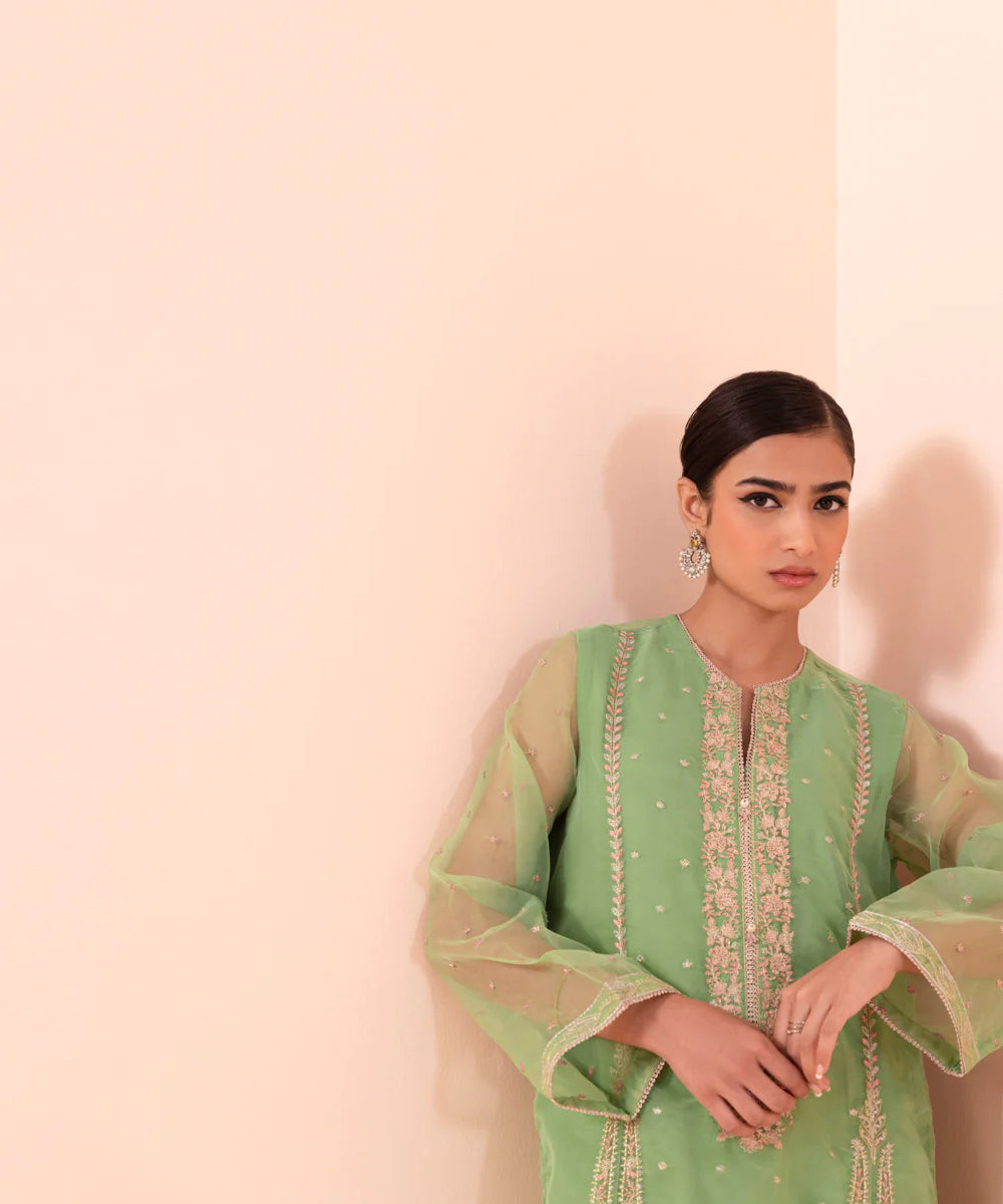 Green Embroidered Organza Suit