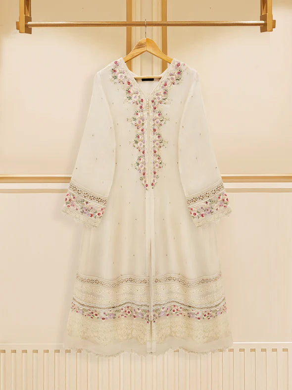 Off White Embroidered Cotton Net Suit