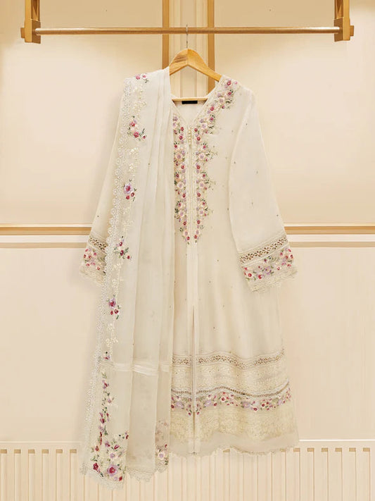 Off White Embroidered Cotton Net Suit
