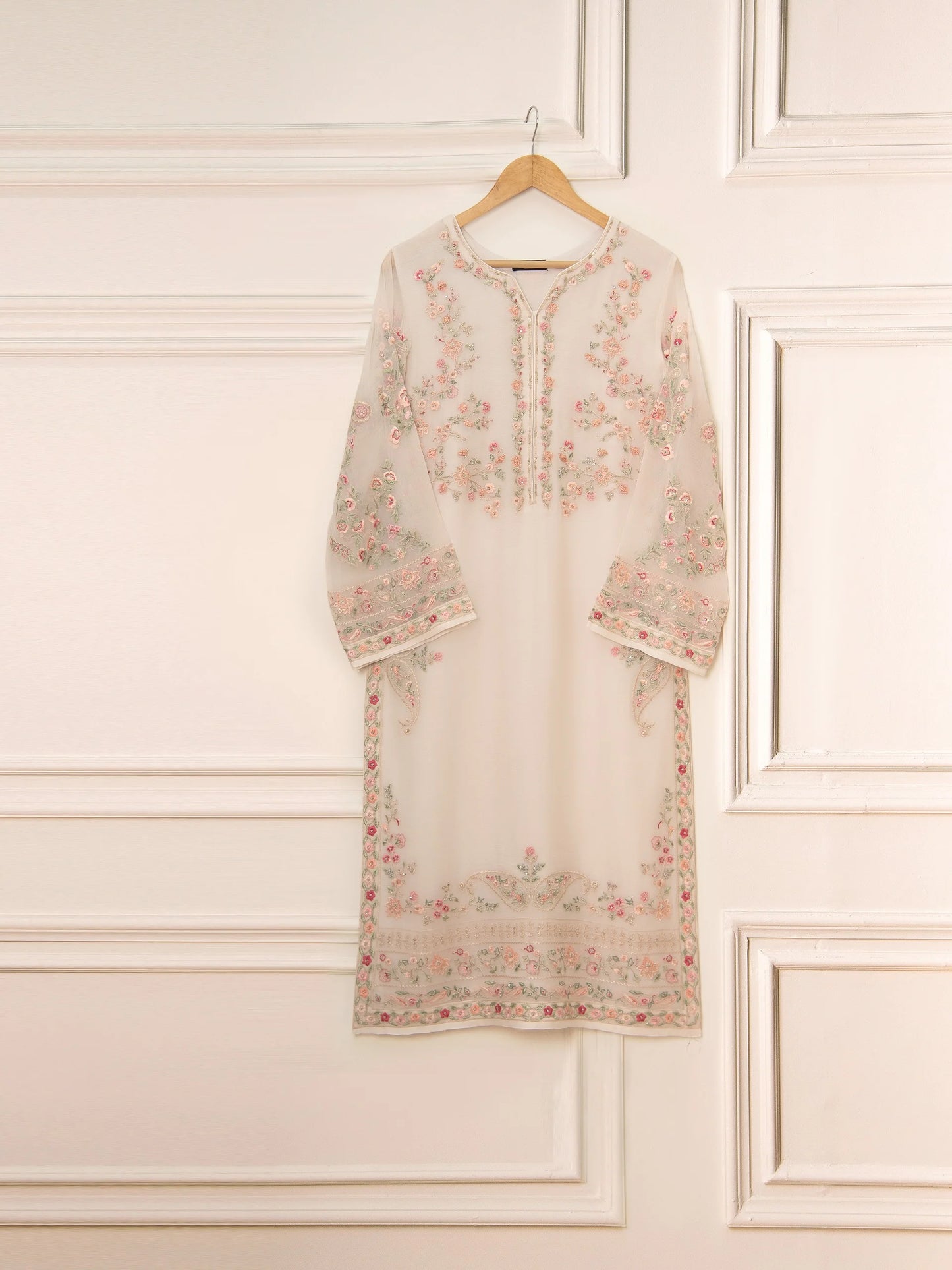 Off White Heavily Embroidered Chiffon Suit
