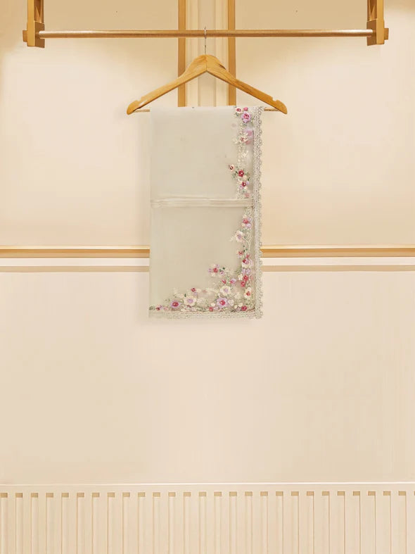 Off White Embroidered Cotton Net Suit