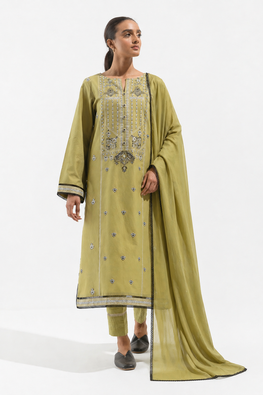 Olive Embroidered Khaddar Suit