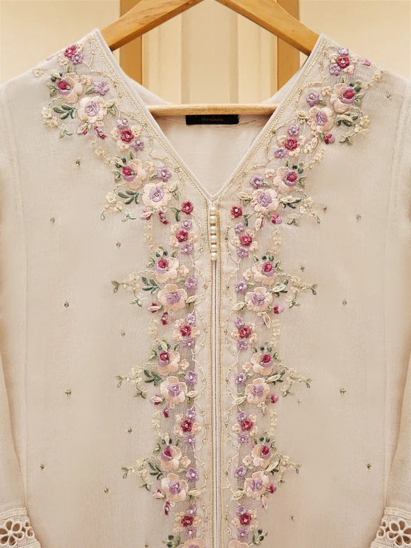 Off White Embroidered Cotton Net Suit
