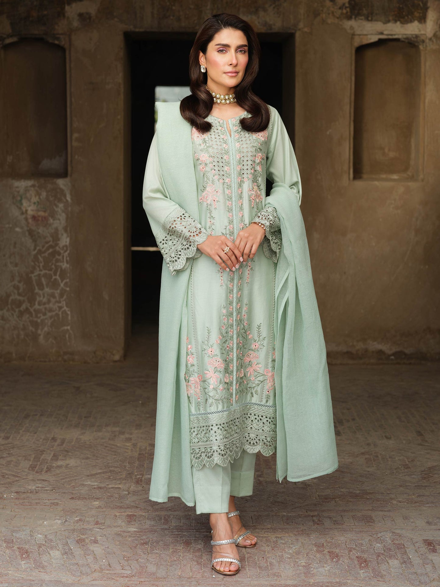 Green Embroidered Satin Suit