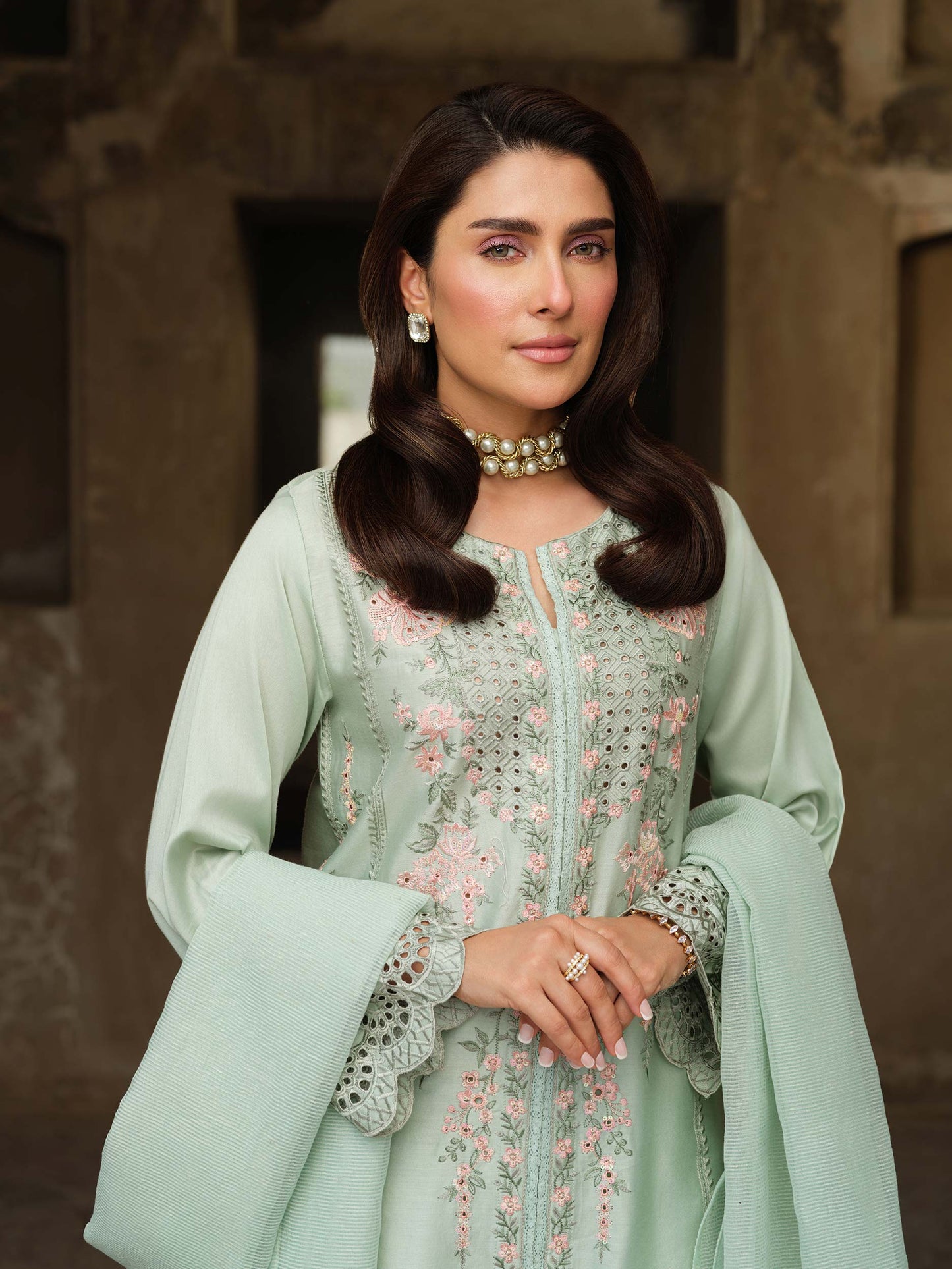 Green Embroidered Satin Suit