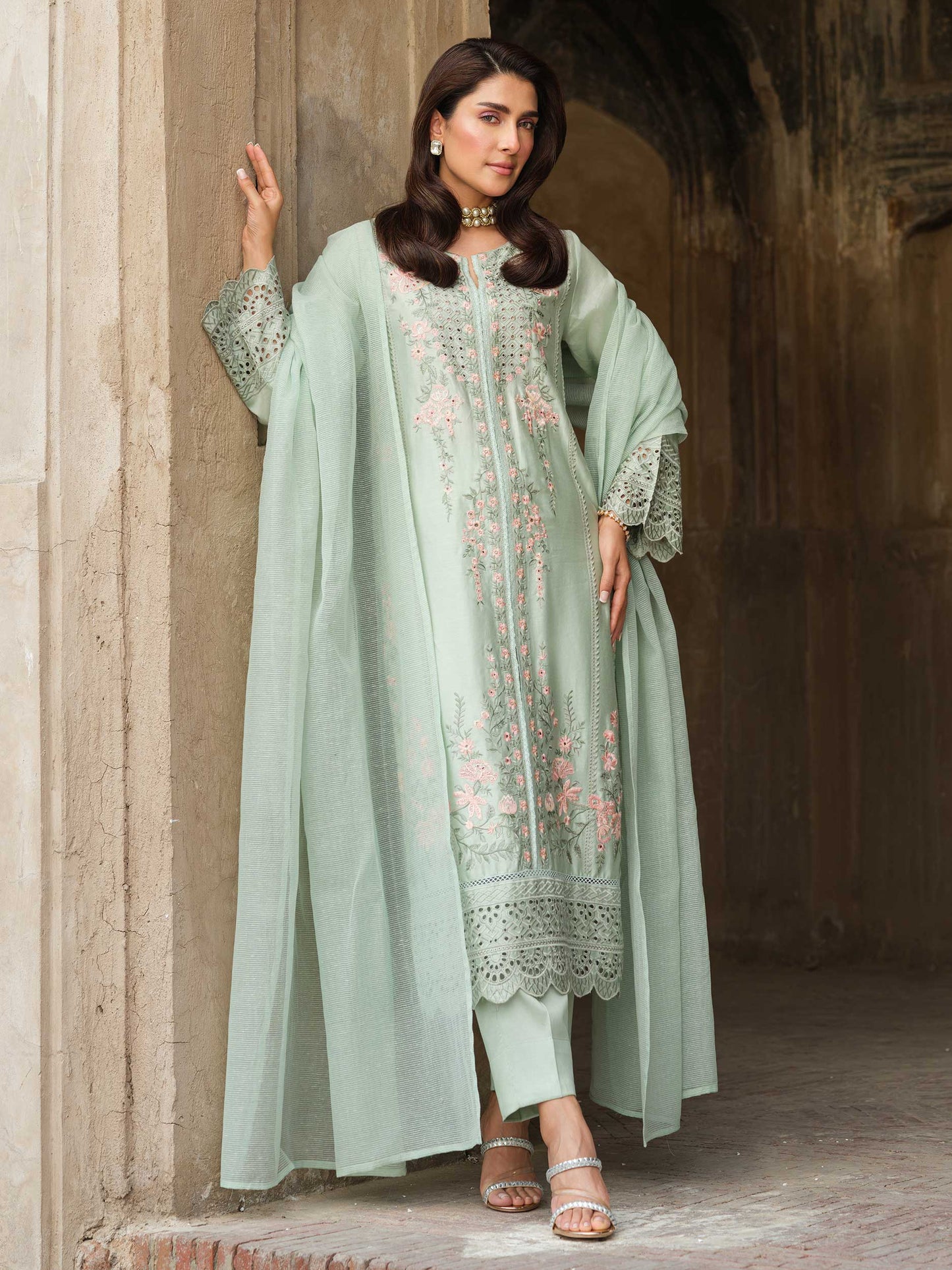 Green Embroidered Satin Suit
