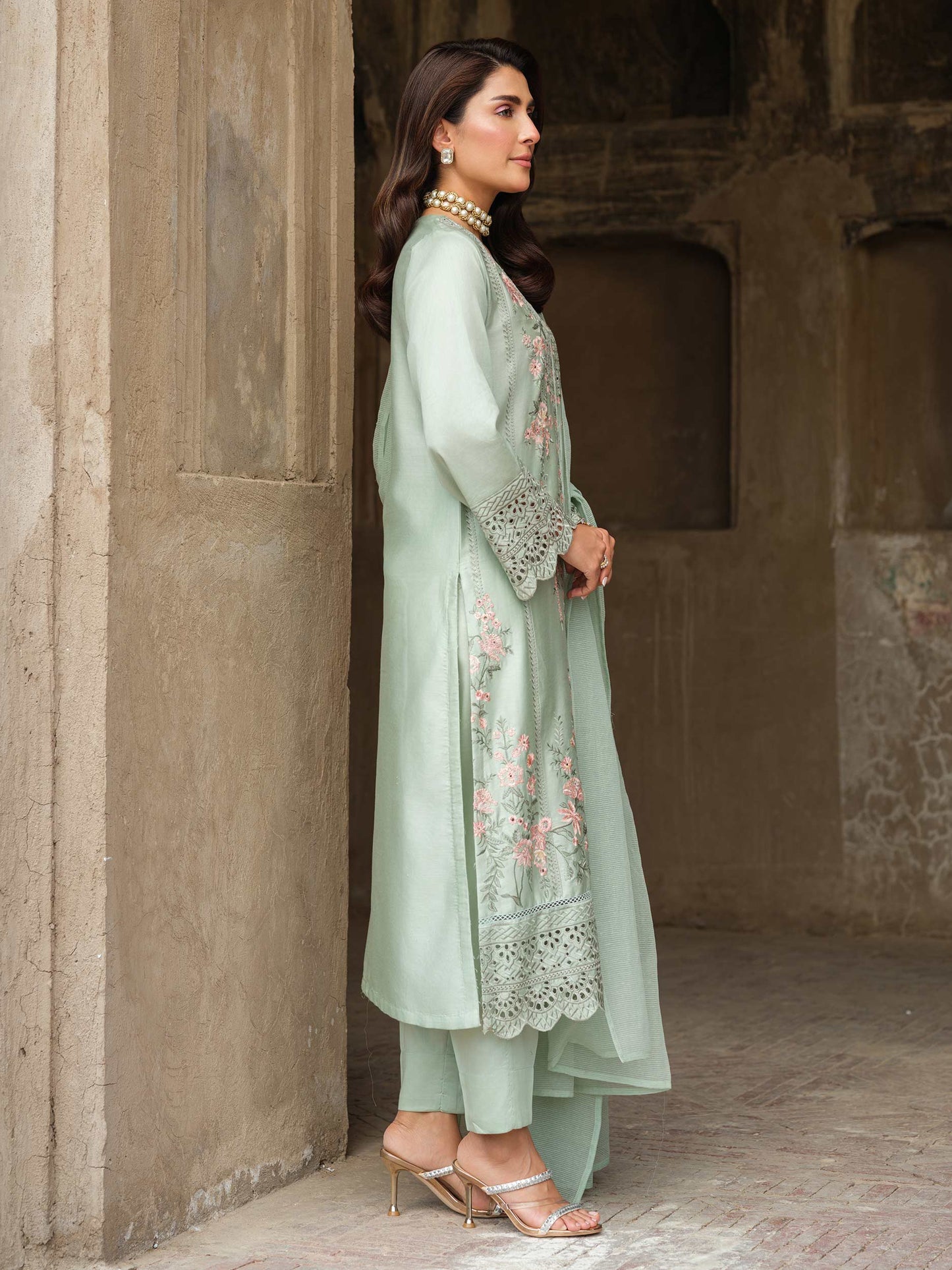 Green Embroidered Satin Suit