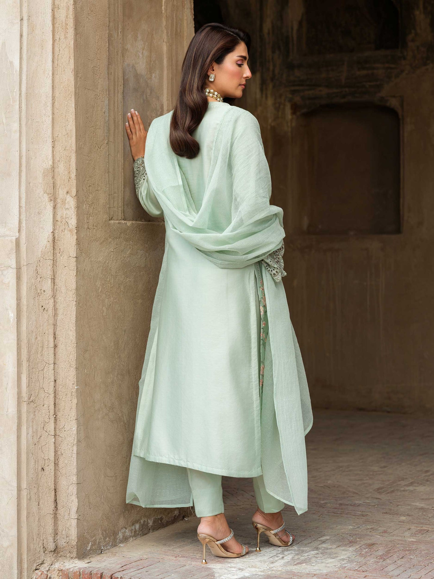 Green Embroidered Satin Suit