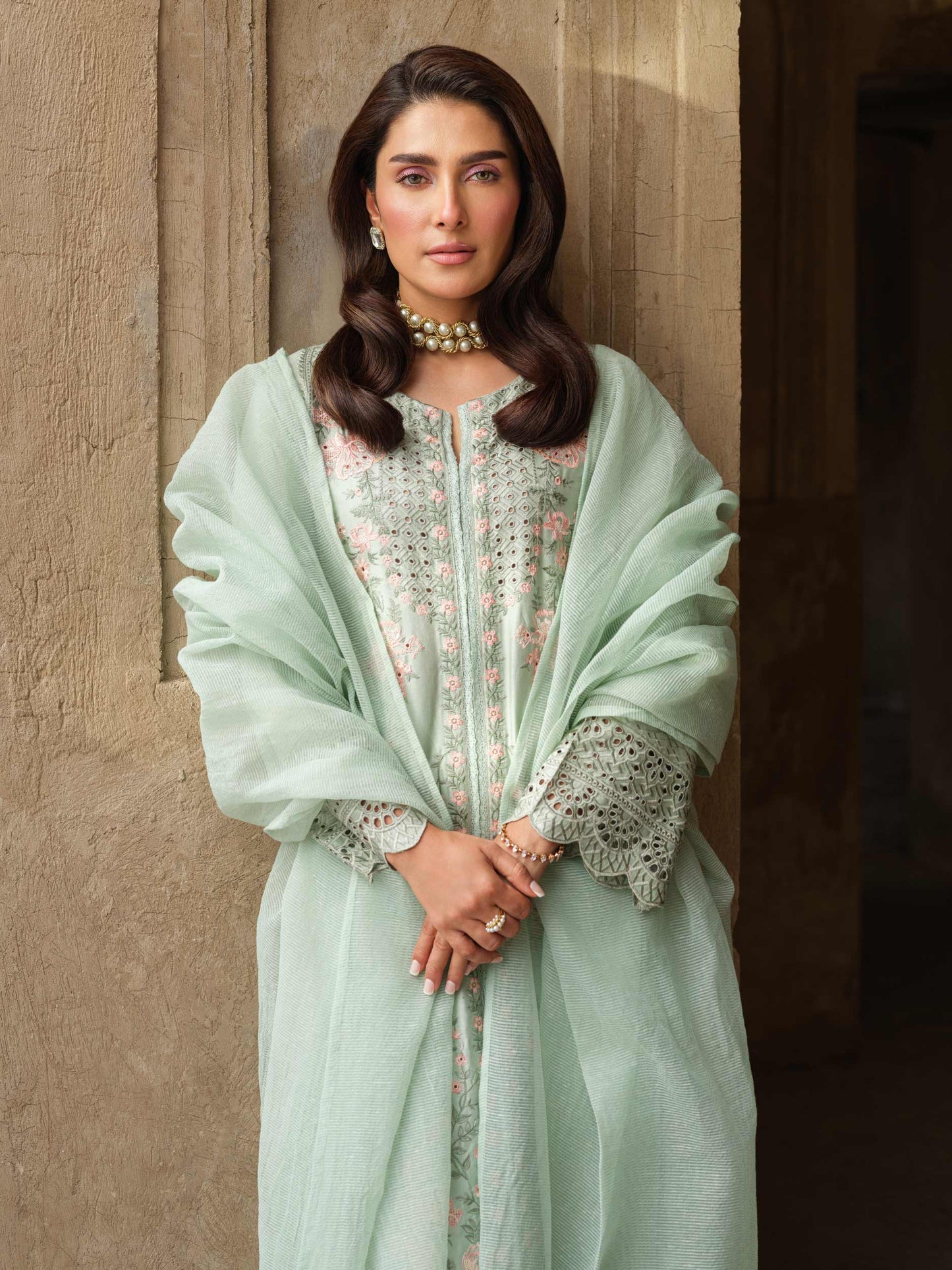Green Embroidered Satin Suit