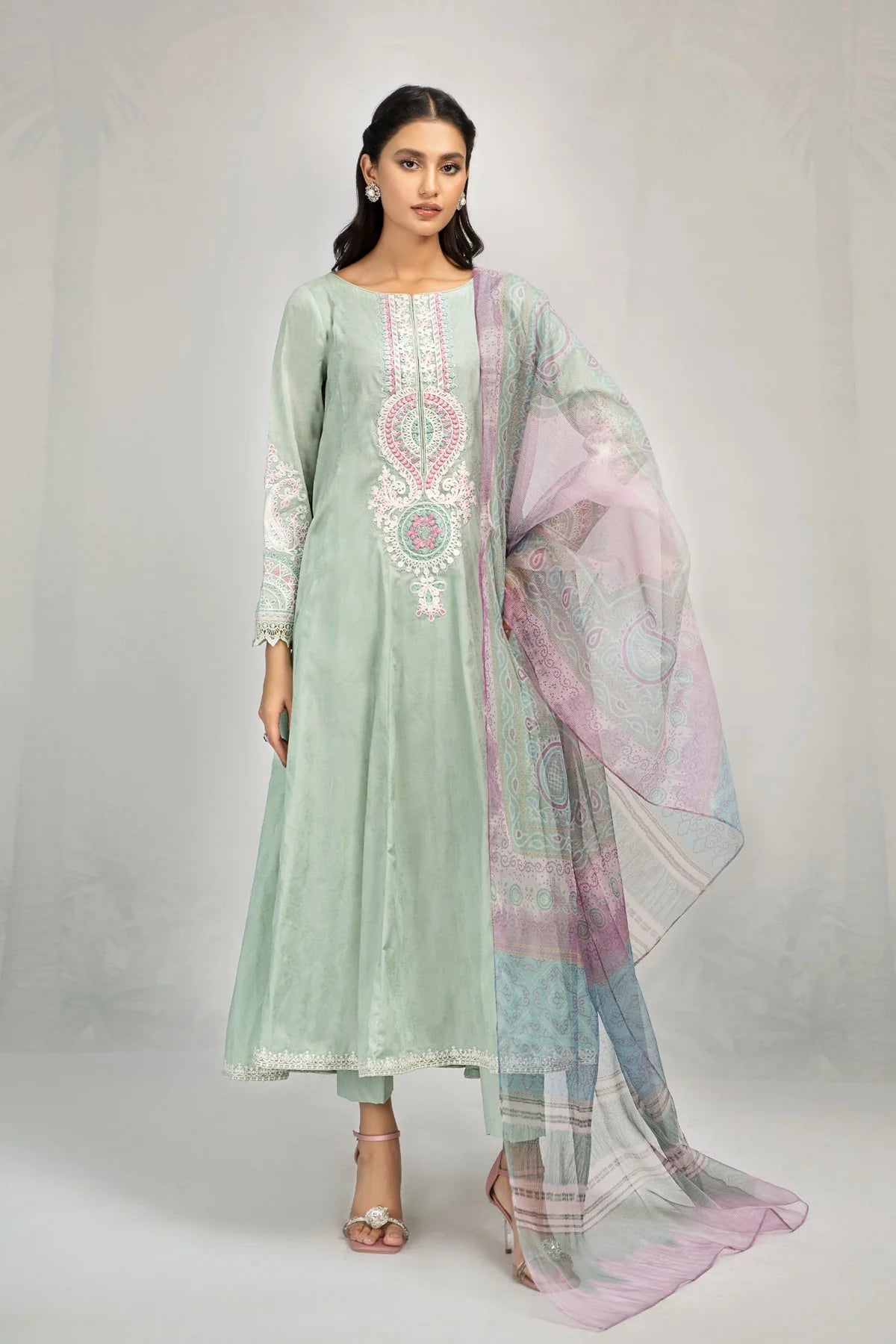 Green embroidered lawn suit