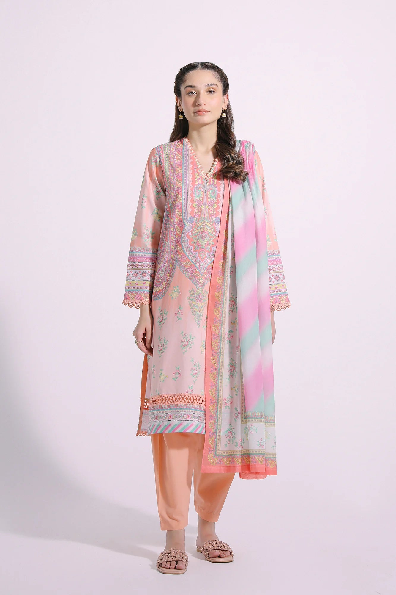 Peach Printed Lawn Suit