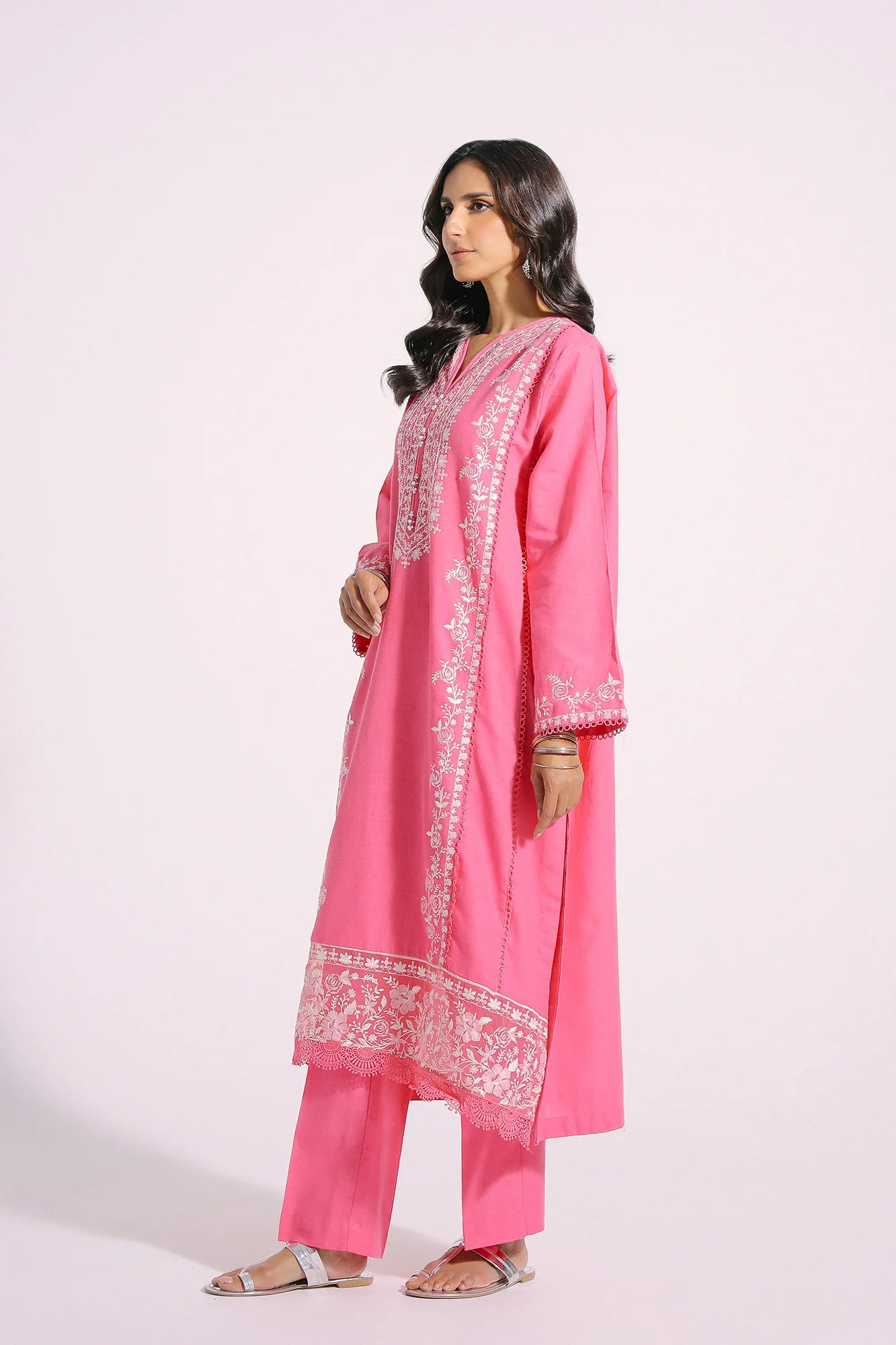 Pink embroidered cotton linen suit