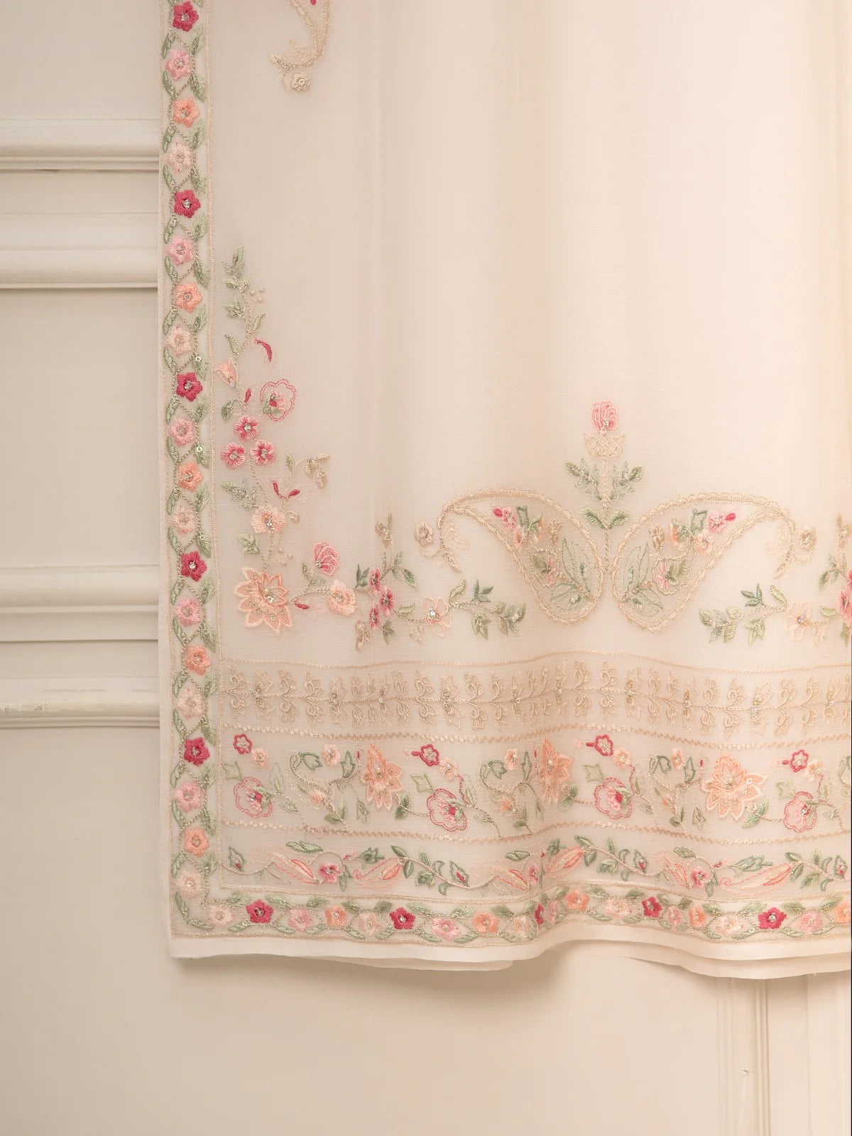Off White Embroidered Cotton Net Suit