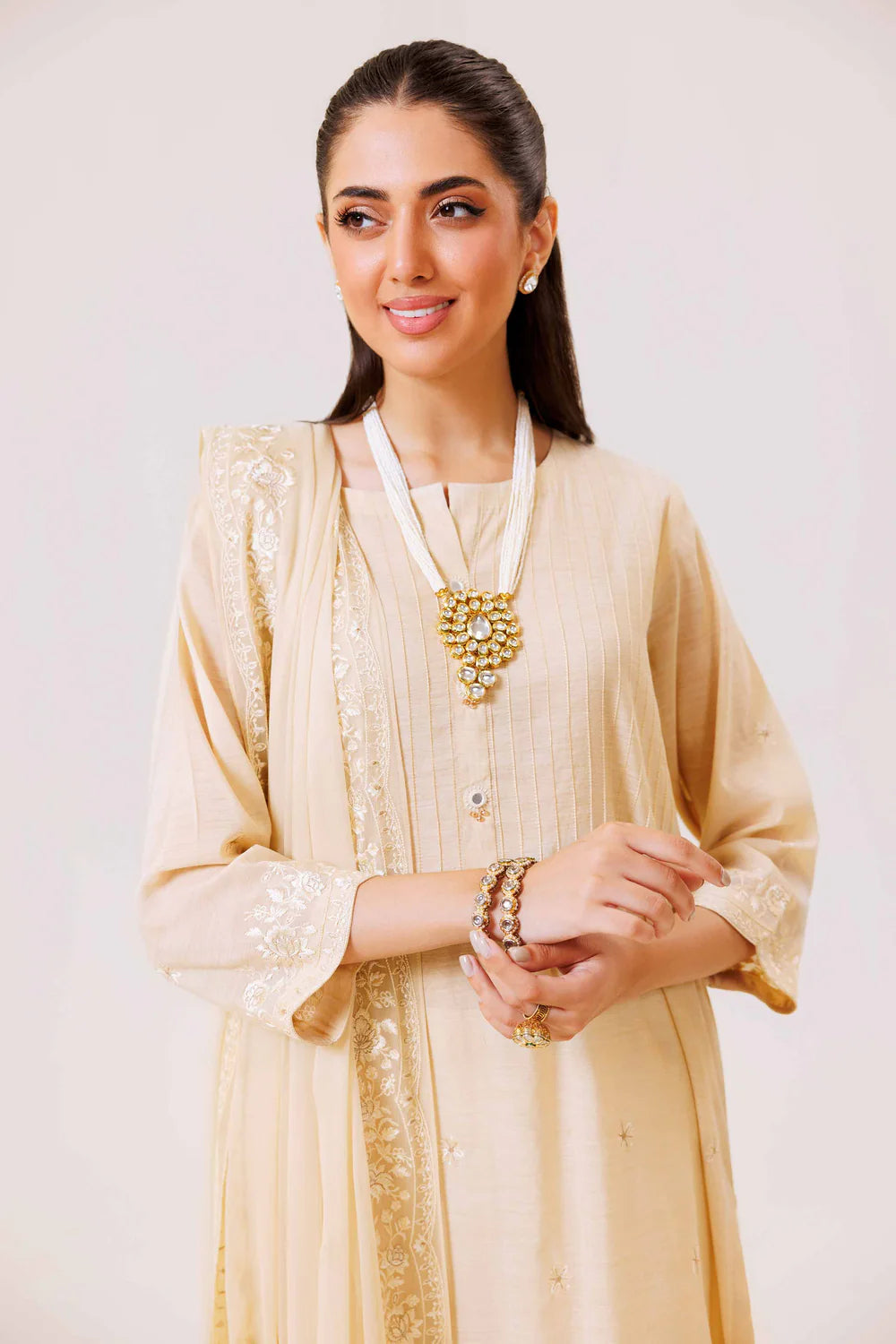 Beige embroidered lawn suit